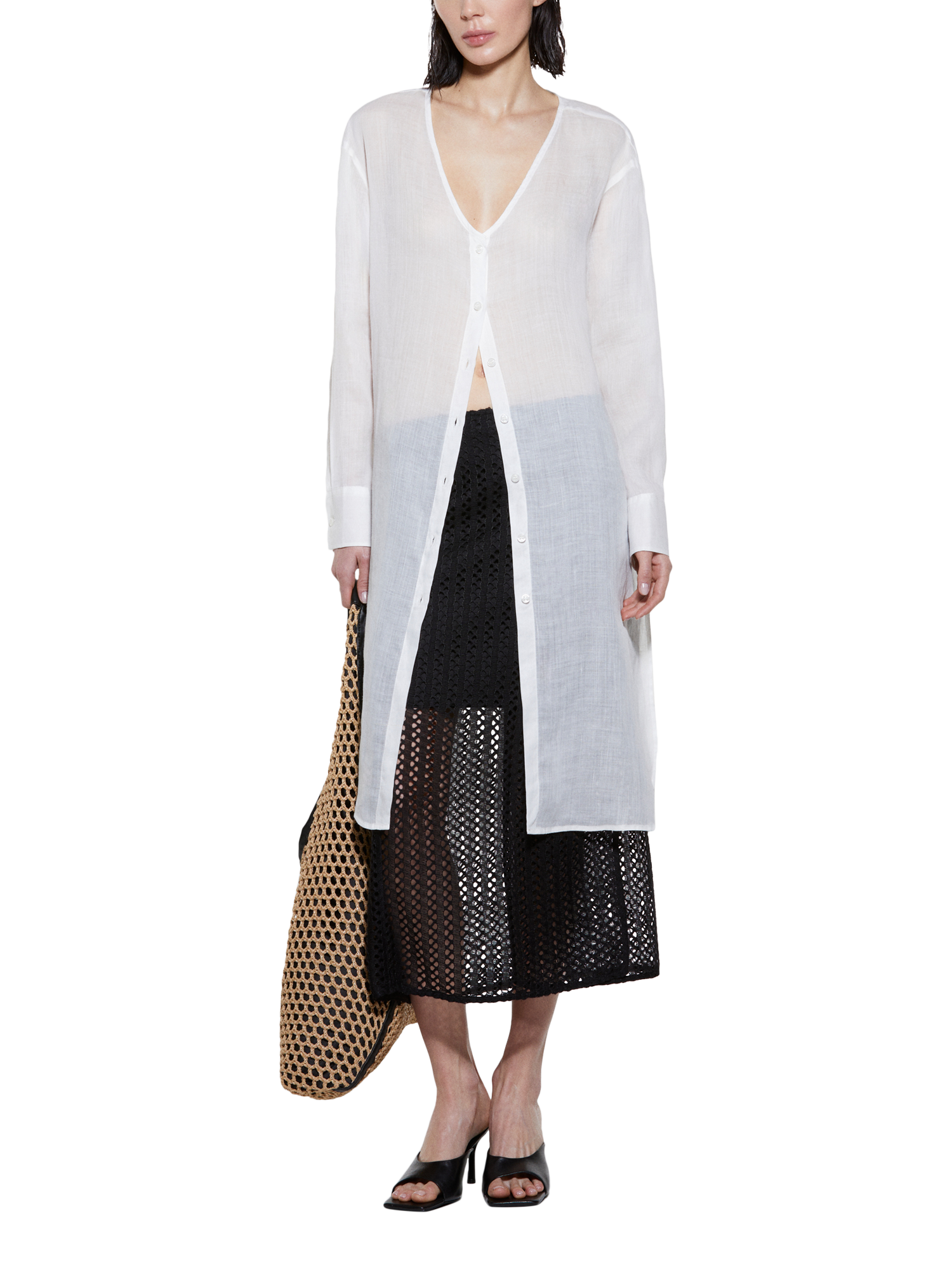Product image 1 of 5, which shows SISLEY Longline Side-Slit Long Sleeve Ramie Shirt, White, XS