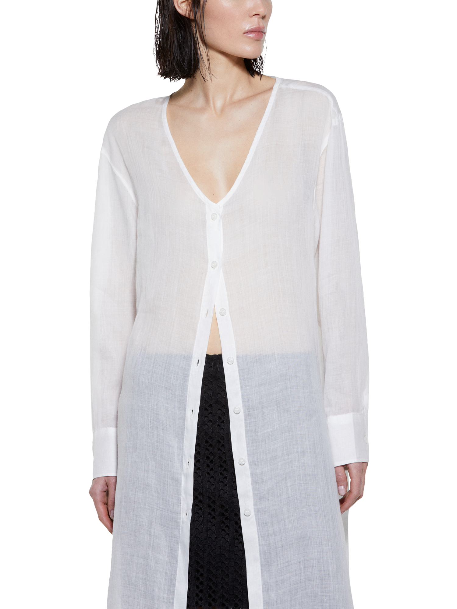 Product image 3 of 5, which shows SISLEY Longline Side-Slit Long Sleeve Ramie Shirt, White, XS