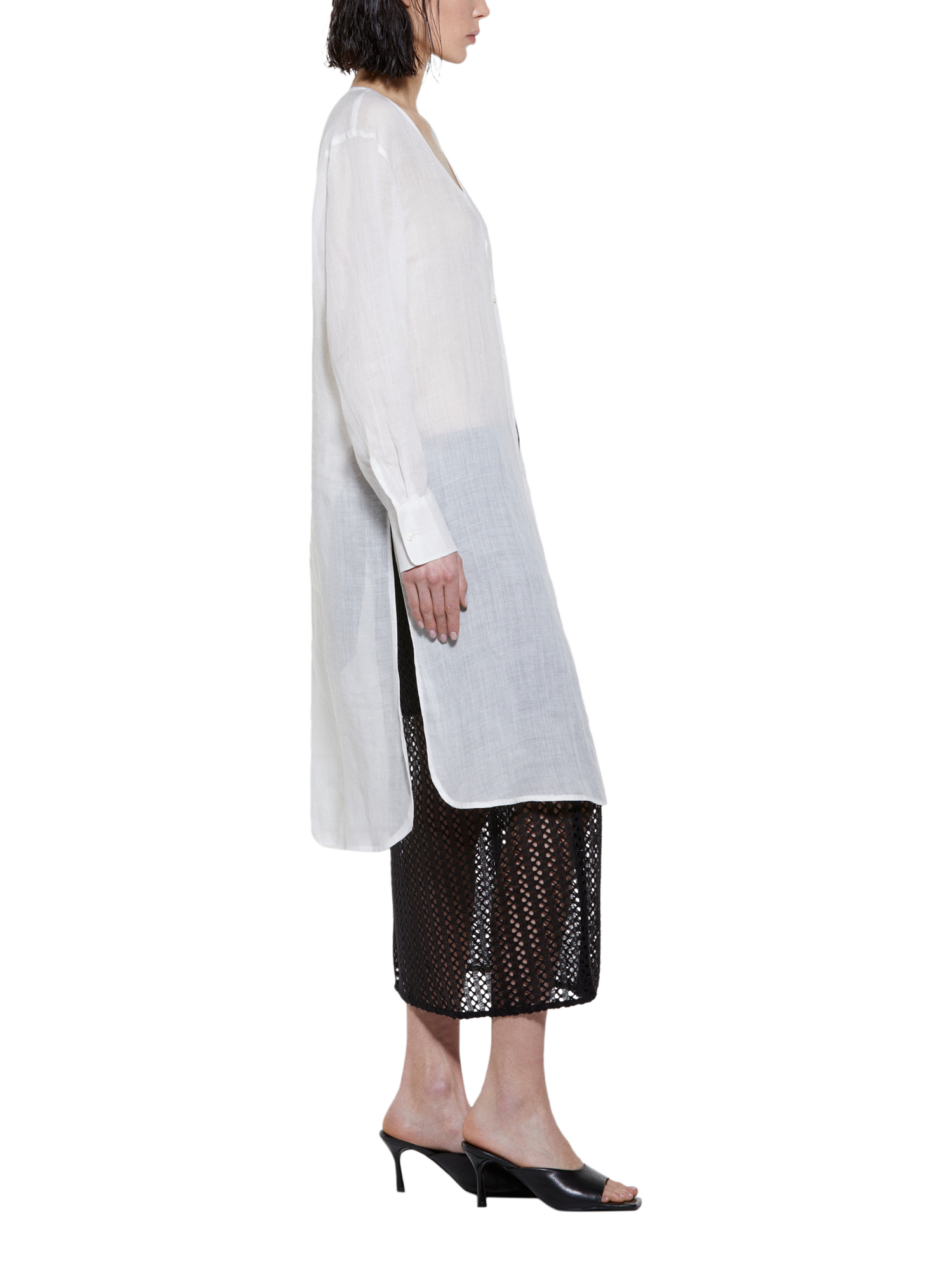 Product image 4 of 5, which shows SISLEY Longline Side-Slit Long Sleeve Ramie Shirt, White, XS