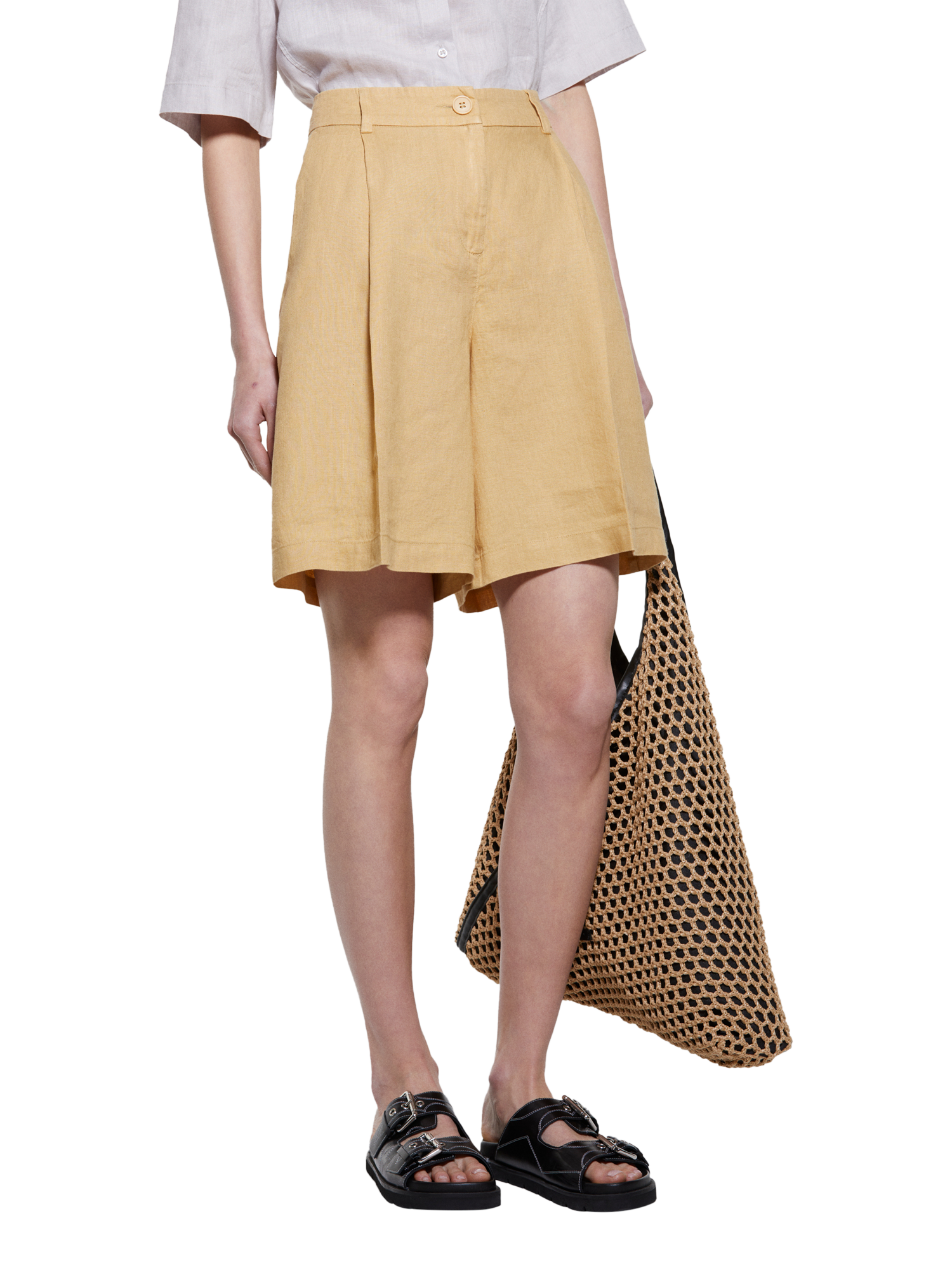 Product image 1 of 5, which shows SISLEY High Waist Tailored Linen Bermuda Shorts, Mid Yellow, 8