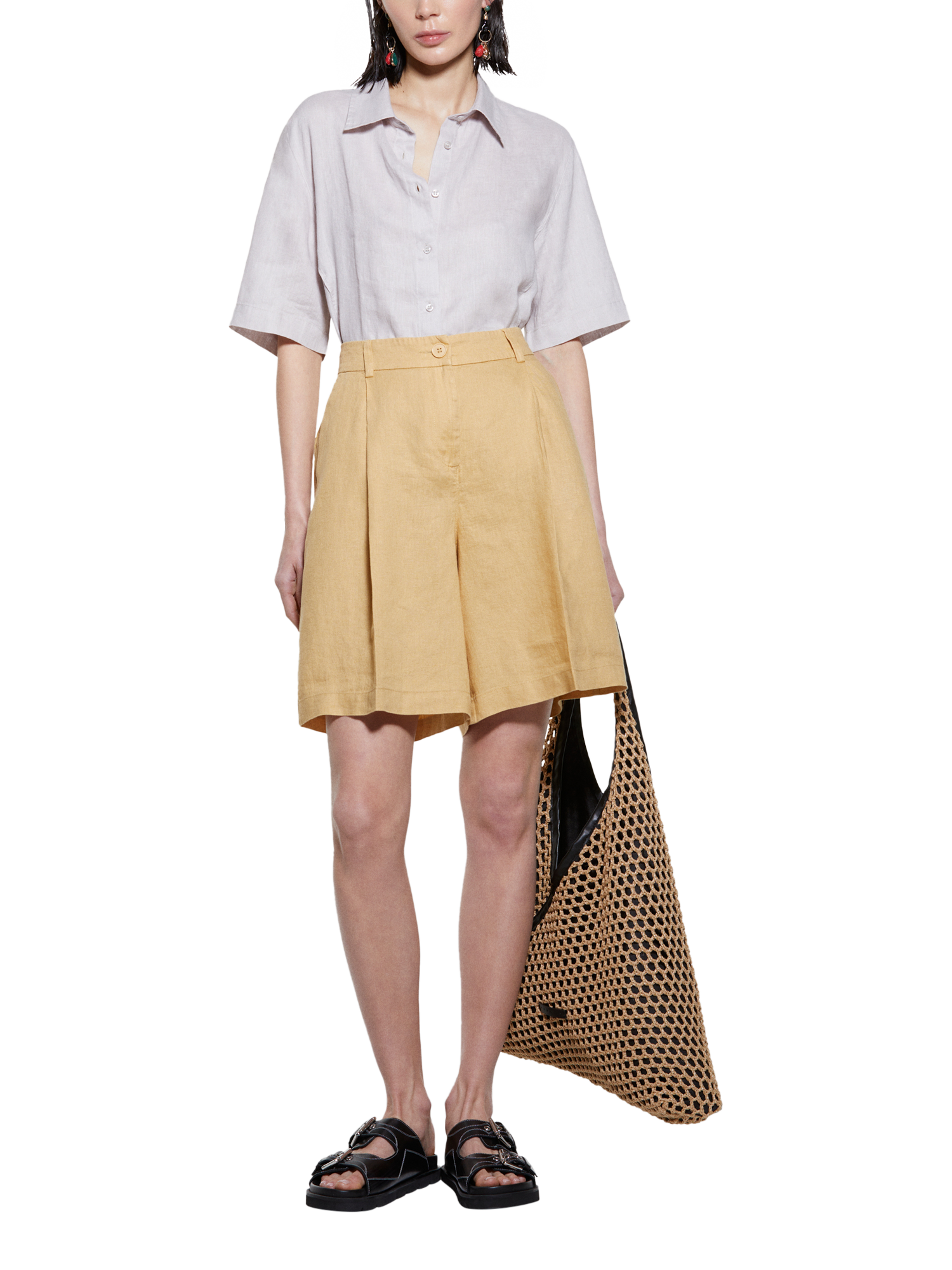 Product image 3 of 5, which shows SISLEY High Waist Tailored Linen Bermuda Shorts, Mid Yellow, 8