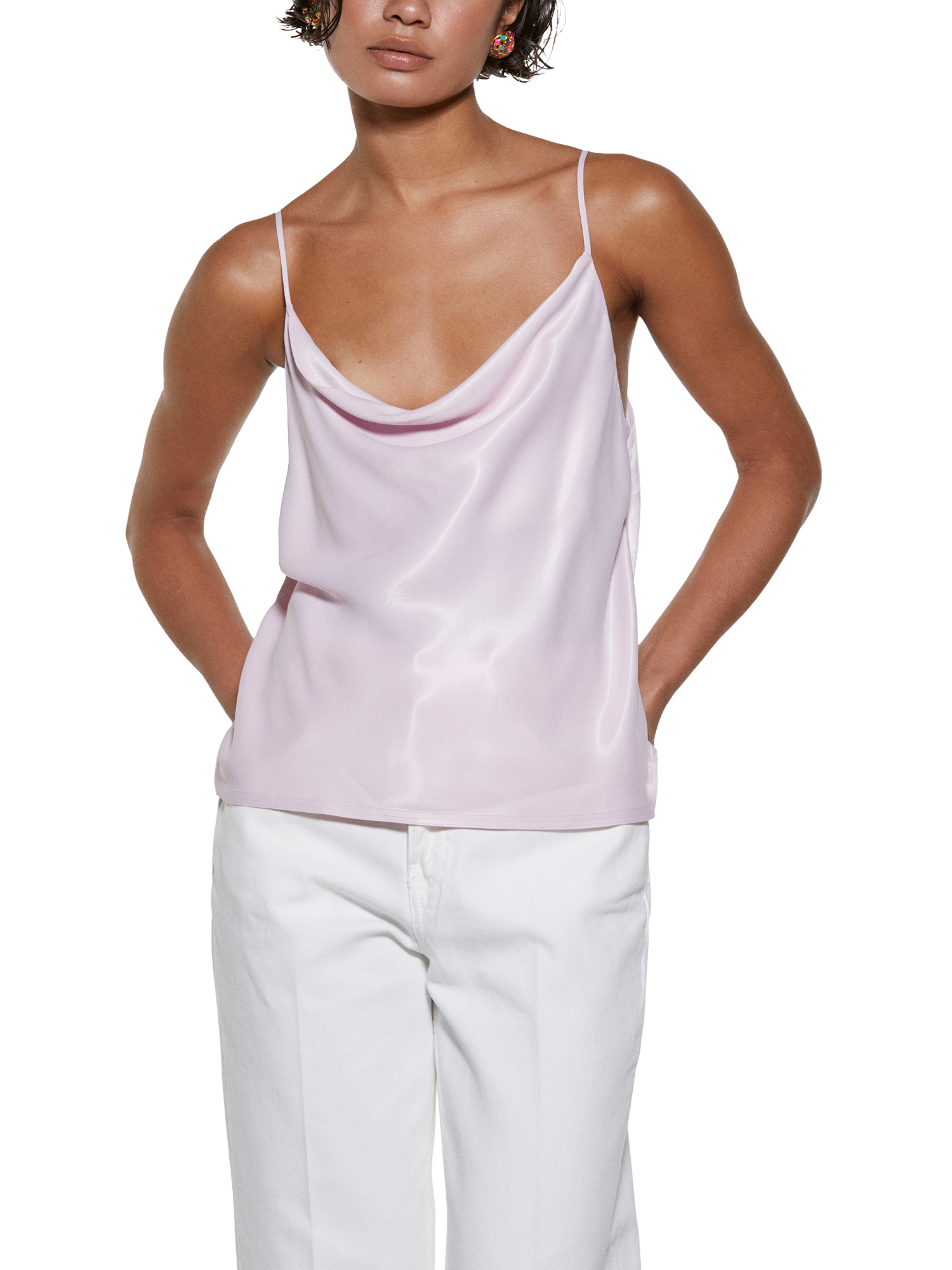 Product image 1 of 5, which shows SISLEY Sleeveless Cowl Neck Satin Cami Top, Pink, XS