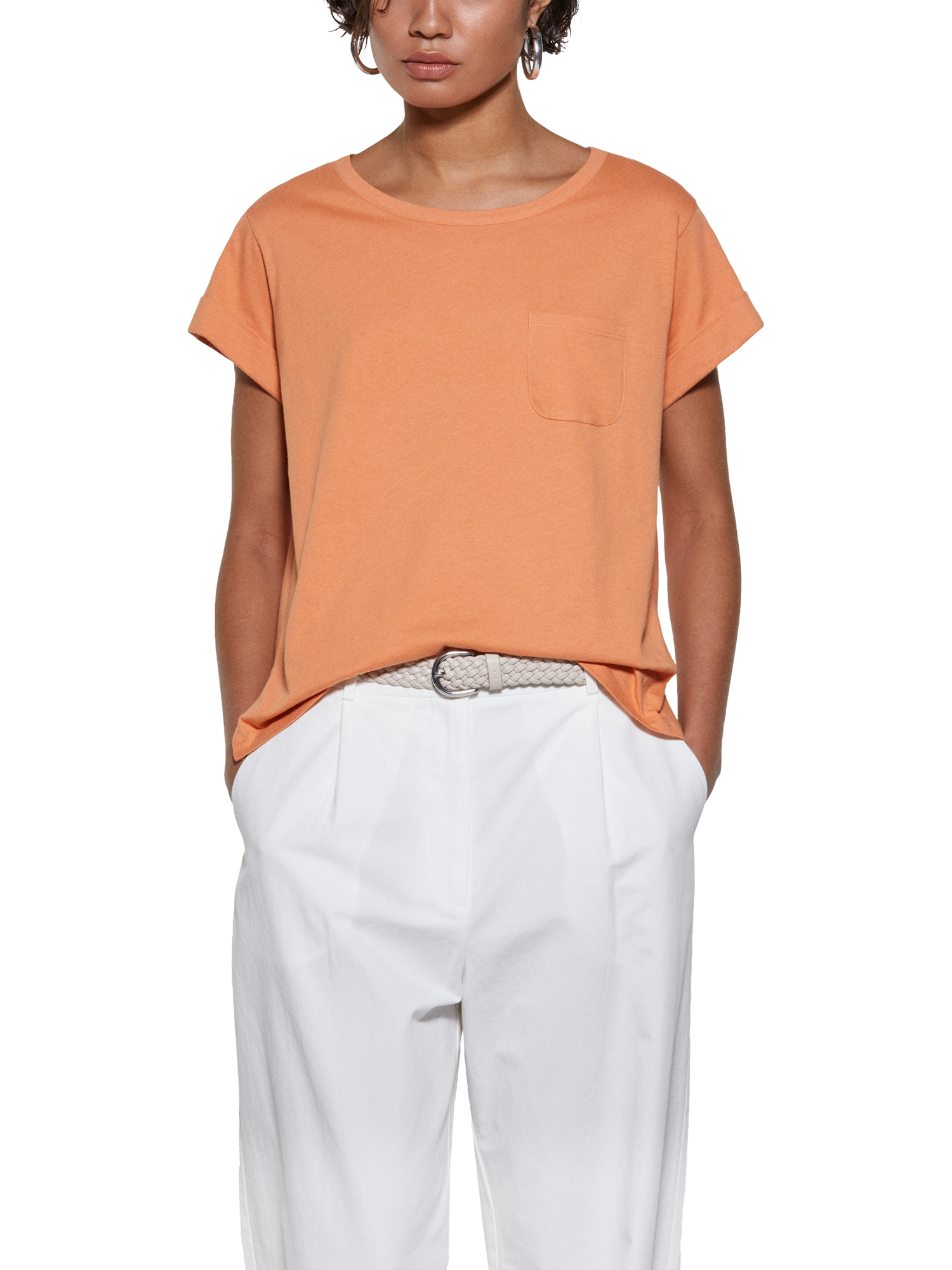 Product image 1 of 5, which shows SISLEY Pocket Detail T-Shirt, Mid Orange, XS