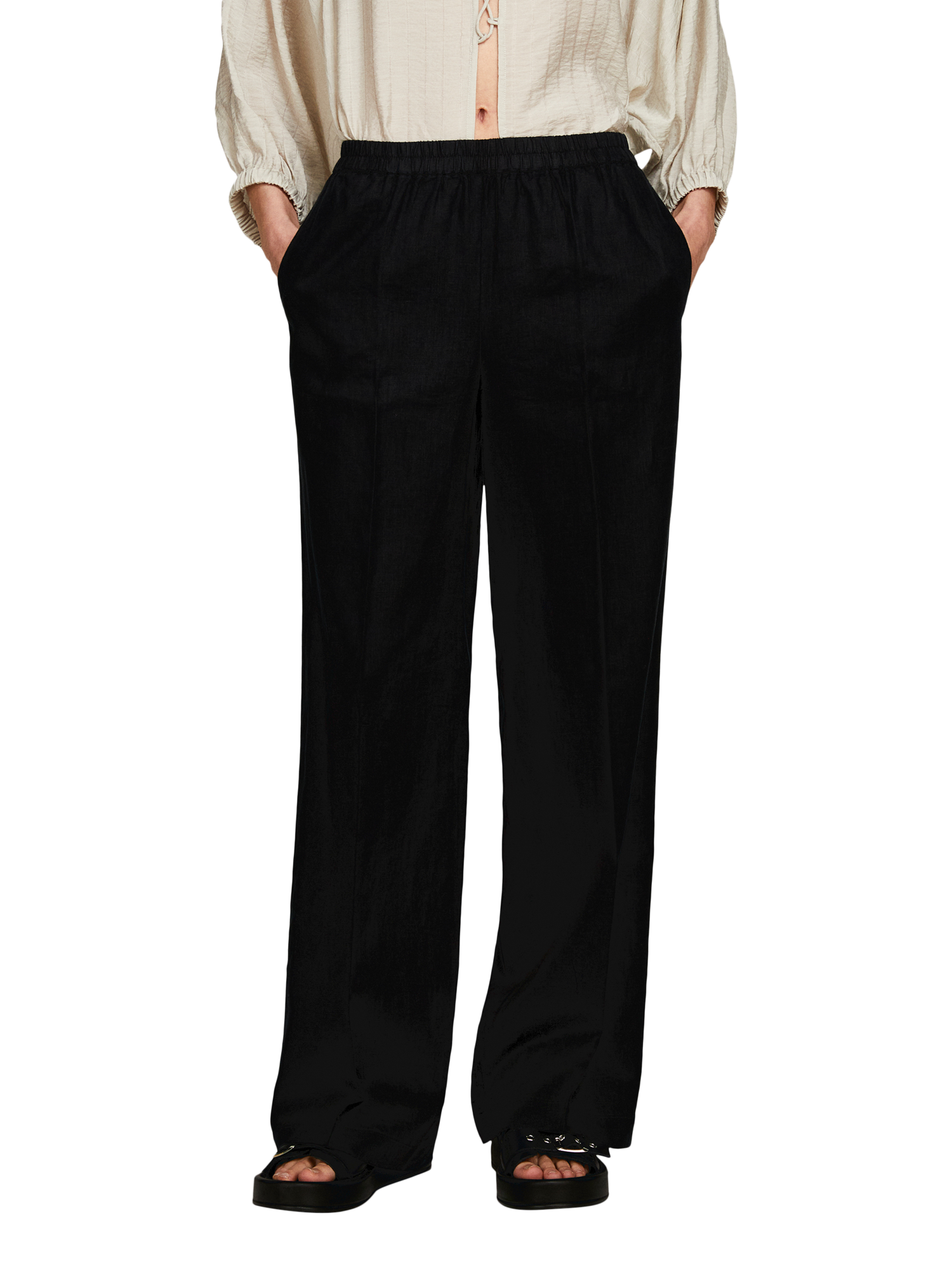 Product image 1 of 5, which shows SISLEY Linen Flare Fit Linen Trousers, Black, 8