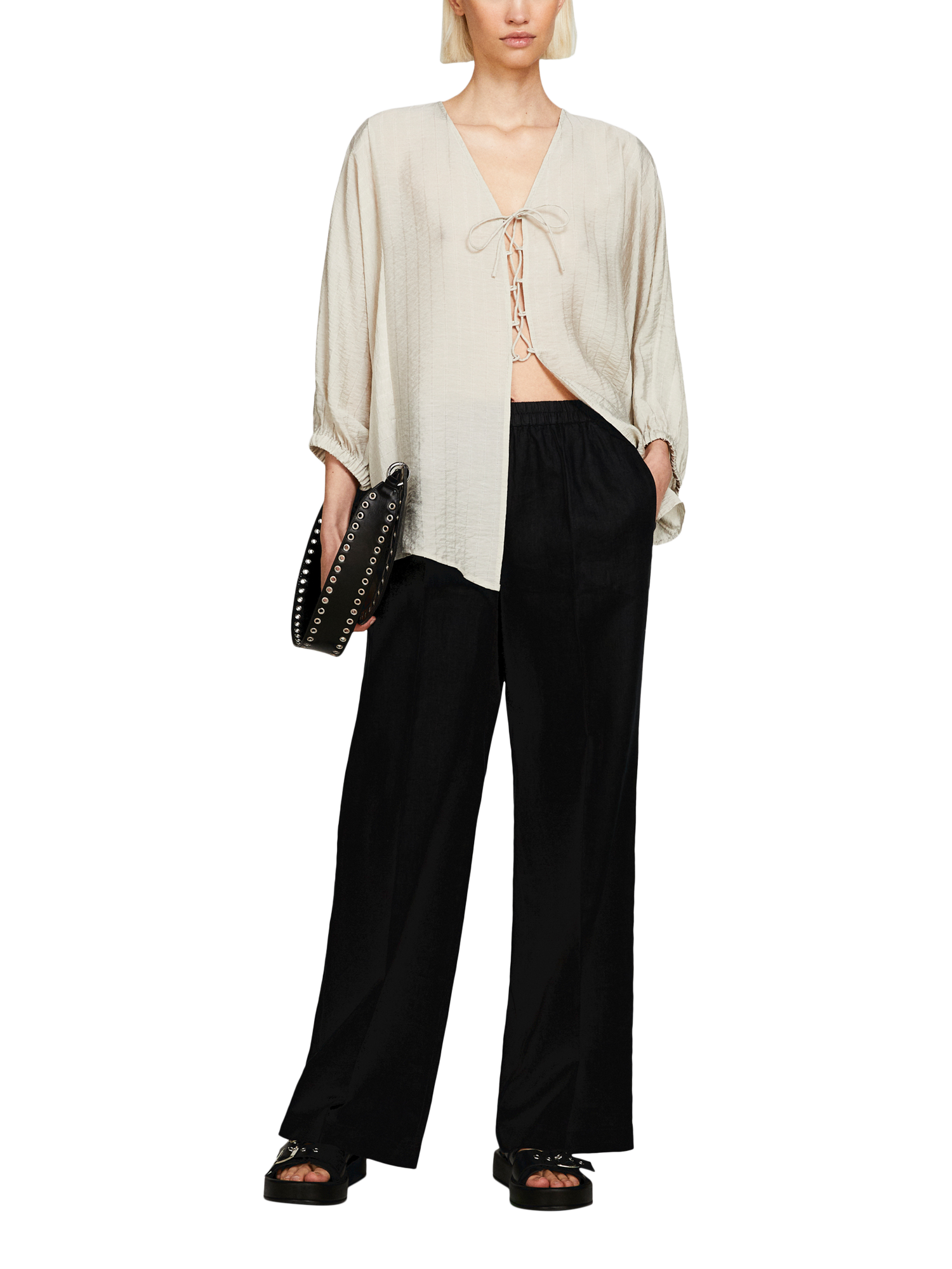 Product image 3 of 5, which shows SISLEY Linen Flare Fit Linen Trousers, Black, 8