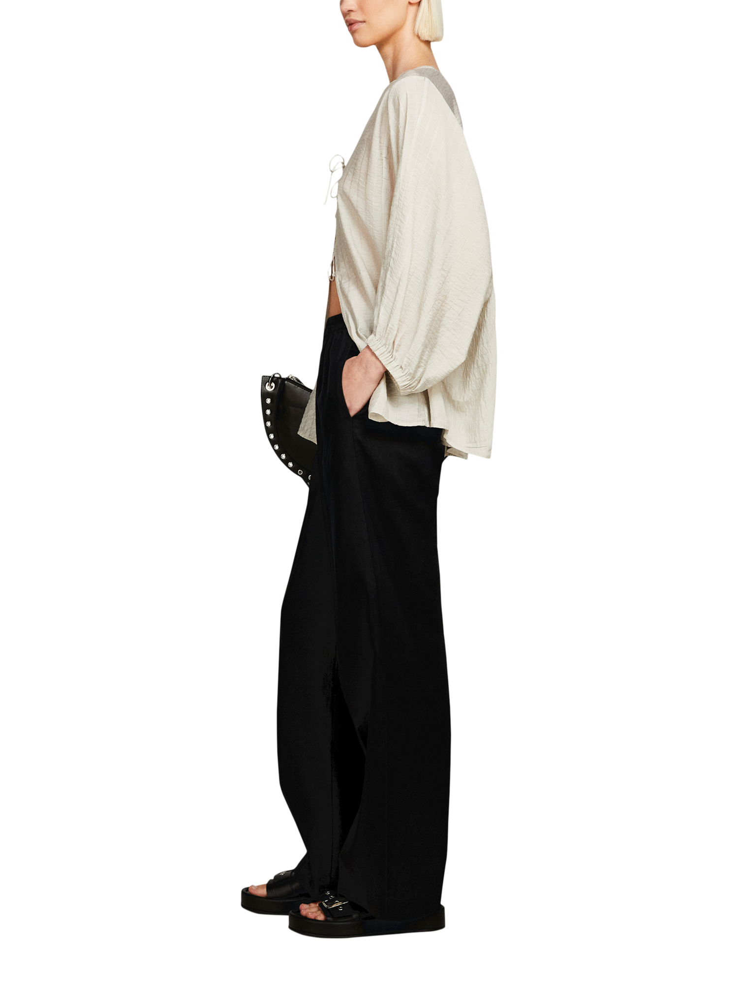 Product image 4 of 5, which shows SISLEY Linen Flare Fit Linen Trousers, Black, 8