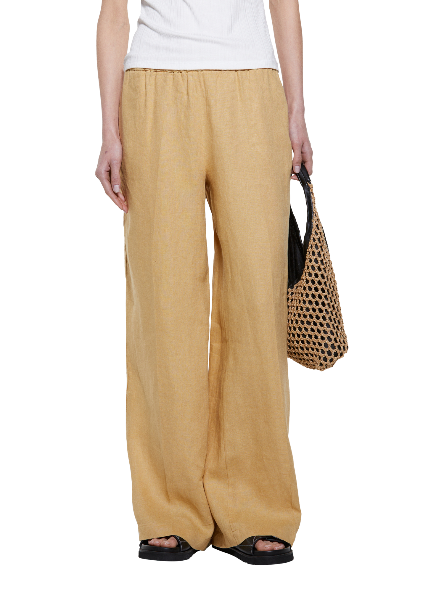 Product image 1 of 5, which shows SISLEY Flared Pure Linen Trousers, Mid Yellow, 8