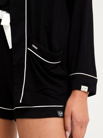 Pretty You London Contrast Trim Pyjama Jacket, Black - view 2, Black