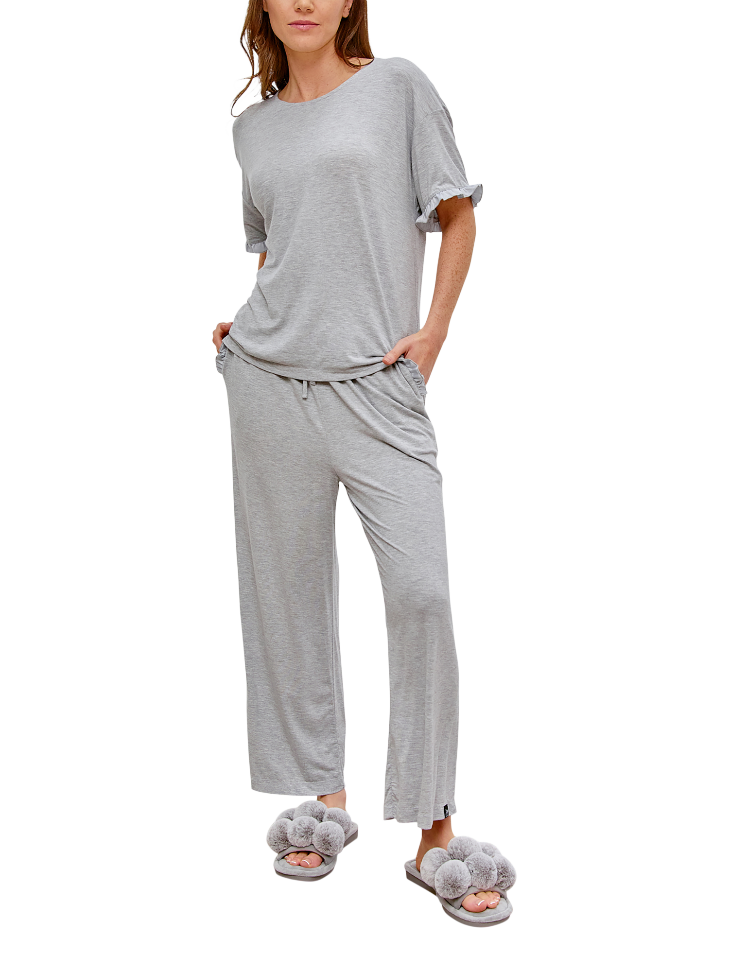 Product image 1 of 3, which shows Pretty You London Frill Trim Bamboo Rich Pyjama Set, Grey Marl, 8