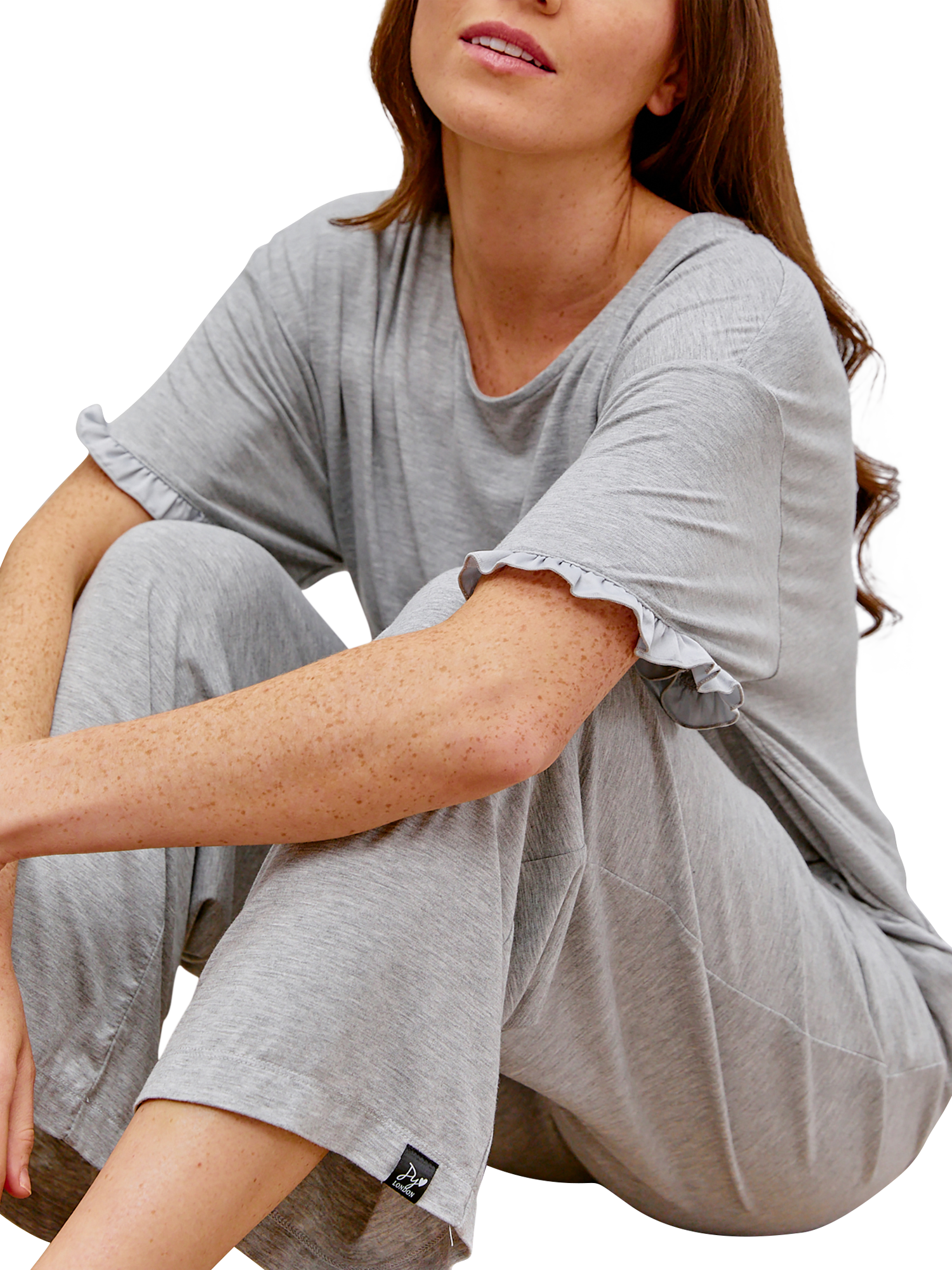 Product image 2 of 3, which shows Pretty You London Frill Trim Bamboo Rich Pyjama Set, Grey Marl, 8