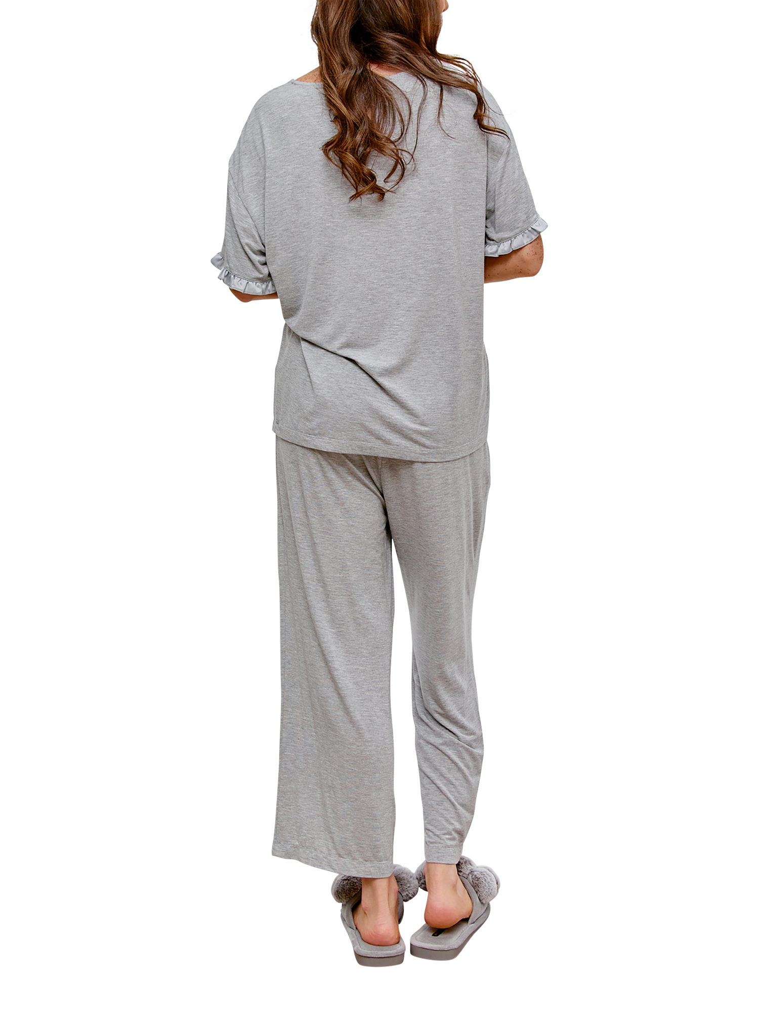Product image 3 of 3, which shows Pretty You London Frill Trim Bamboo Rich Pyjama Set, Grey Marl, 8