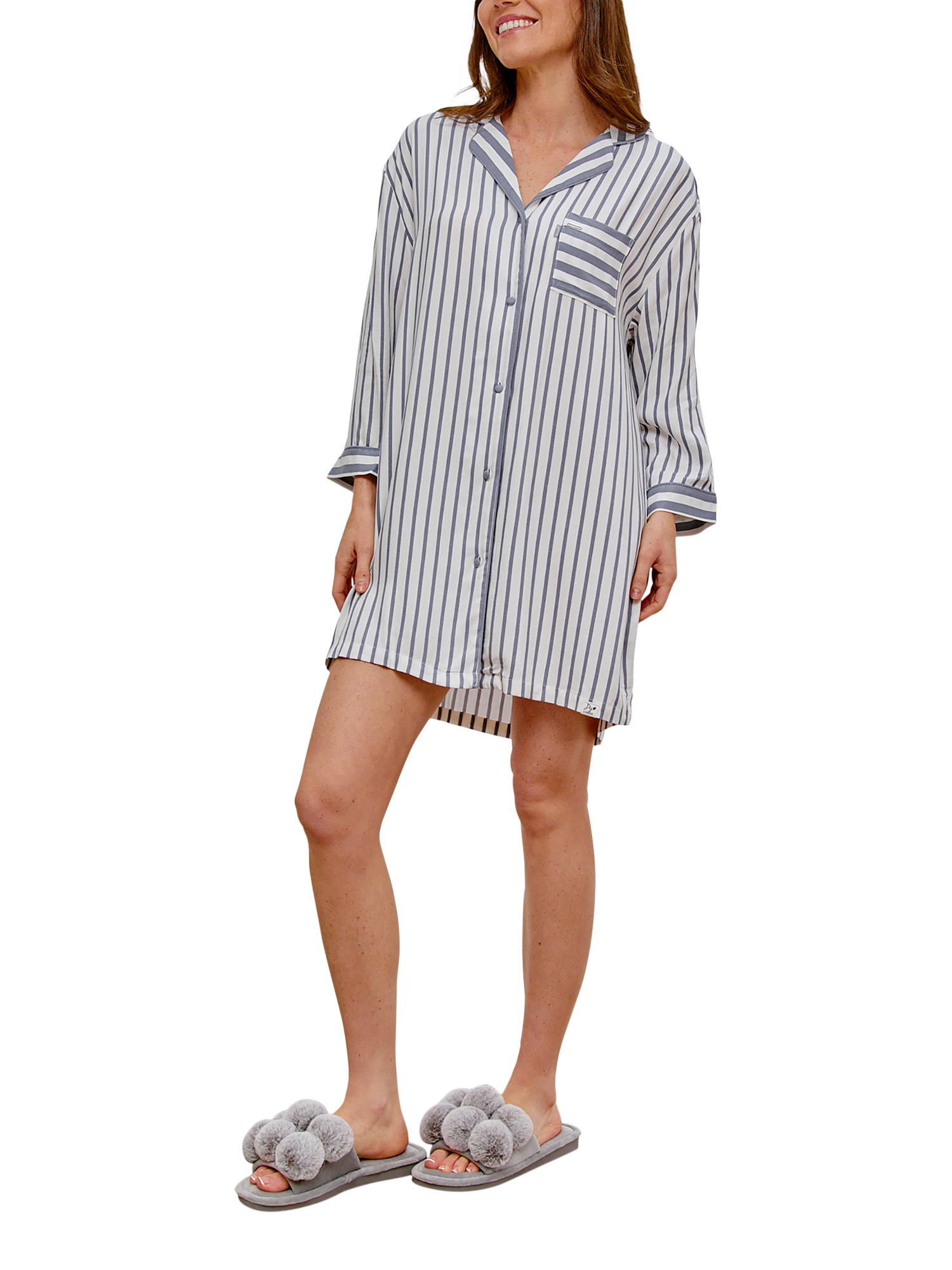 Product image 1 of 3, which shows Pretty You London Stripe Boyfriend Nightshirt, Grey/Ecru, 8-10