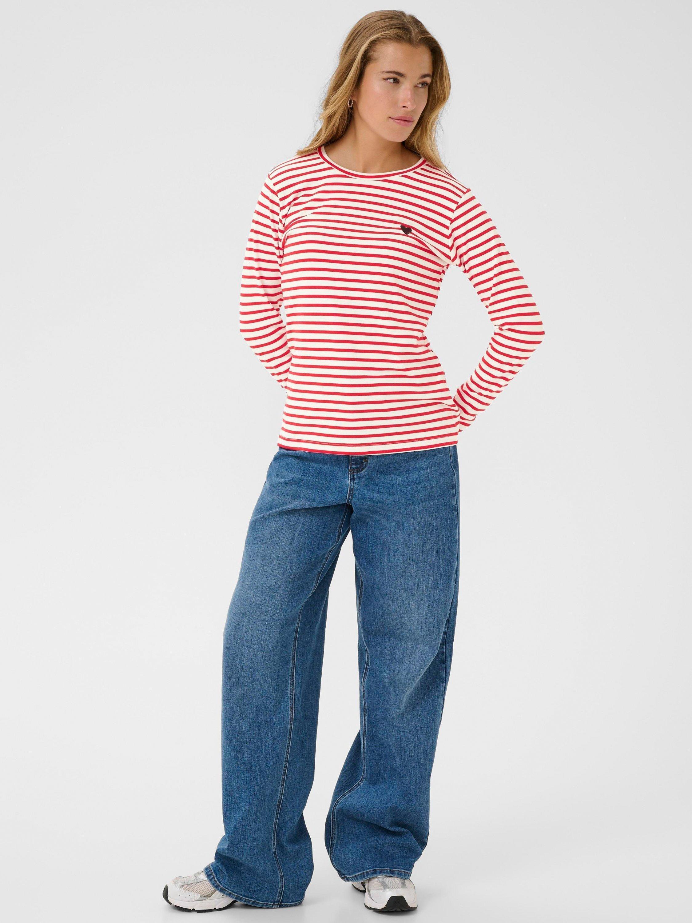 Product image 3 of 6, which shows KAFFE Liddy Stripe Heart Jersey Top, Red/Multi, XS