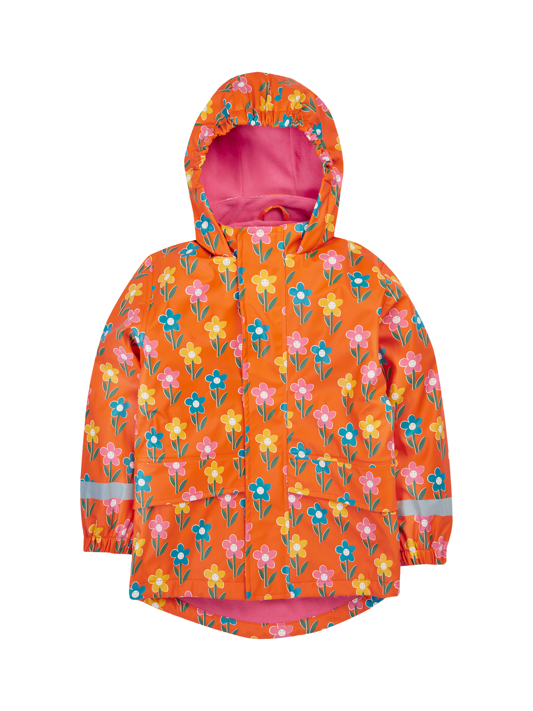 Product image 1 of 7, which shows Frugi Kids' Puddle Buster Floral Print Coat, Orange/Multi, 1-2 years