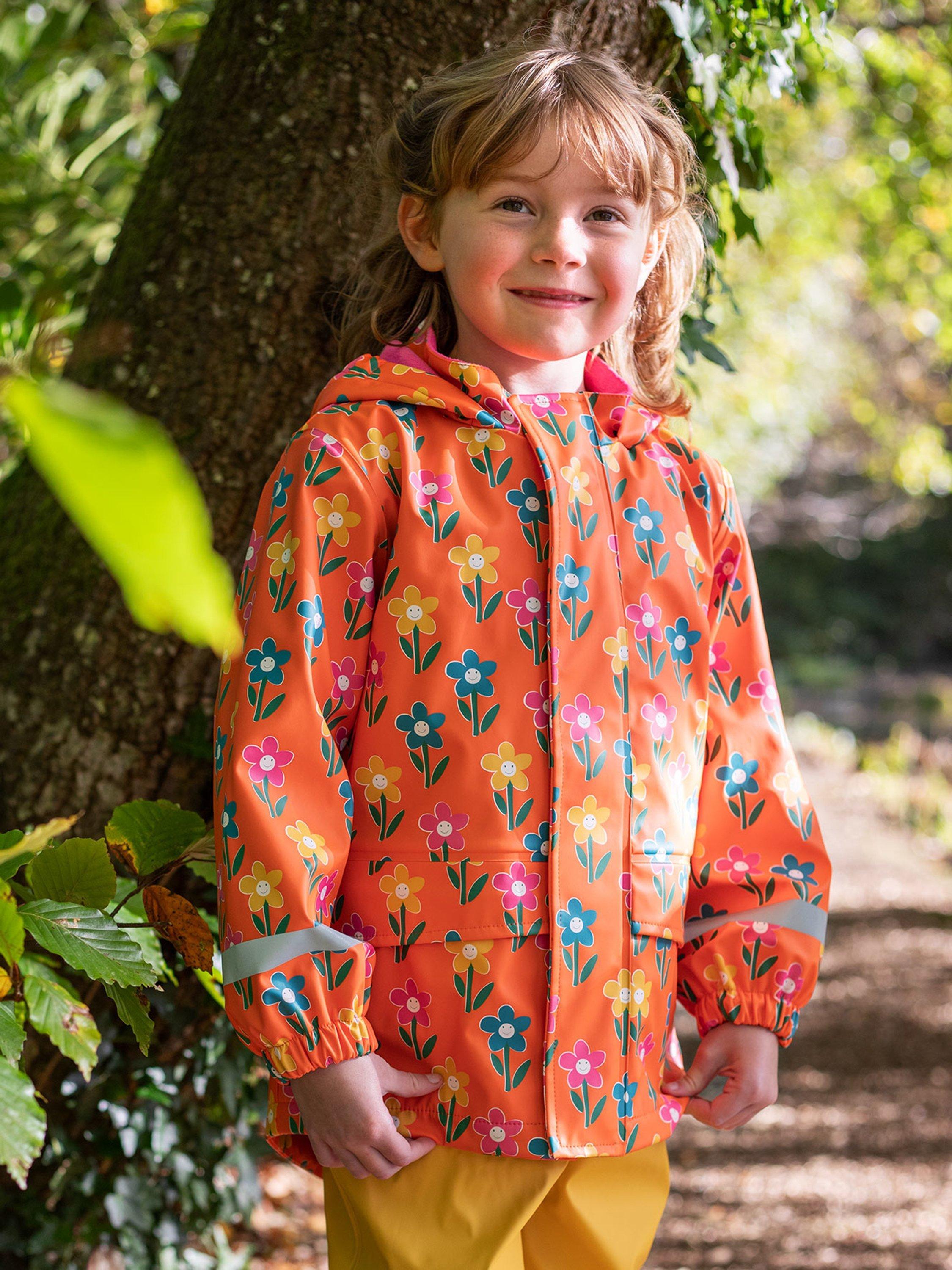 Product image 2 of 7, which shows Frugi Kids' Puddle Buster Floral Print Coat, Orange/Multi, 1-2 years