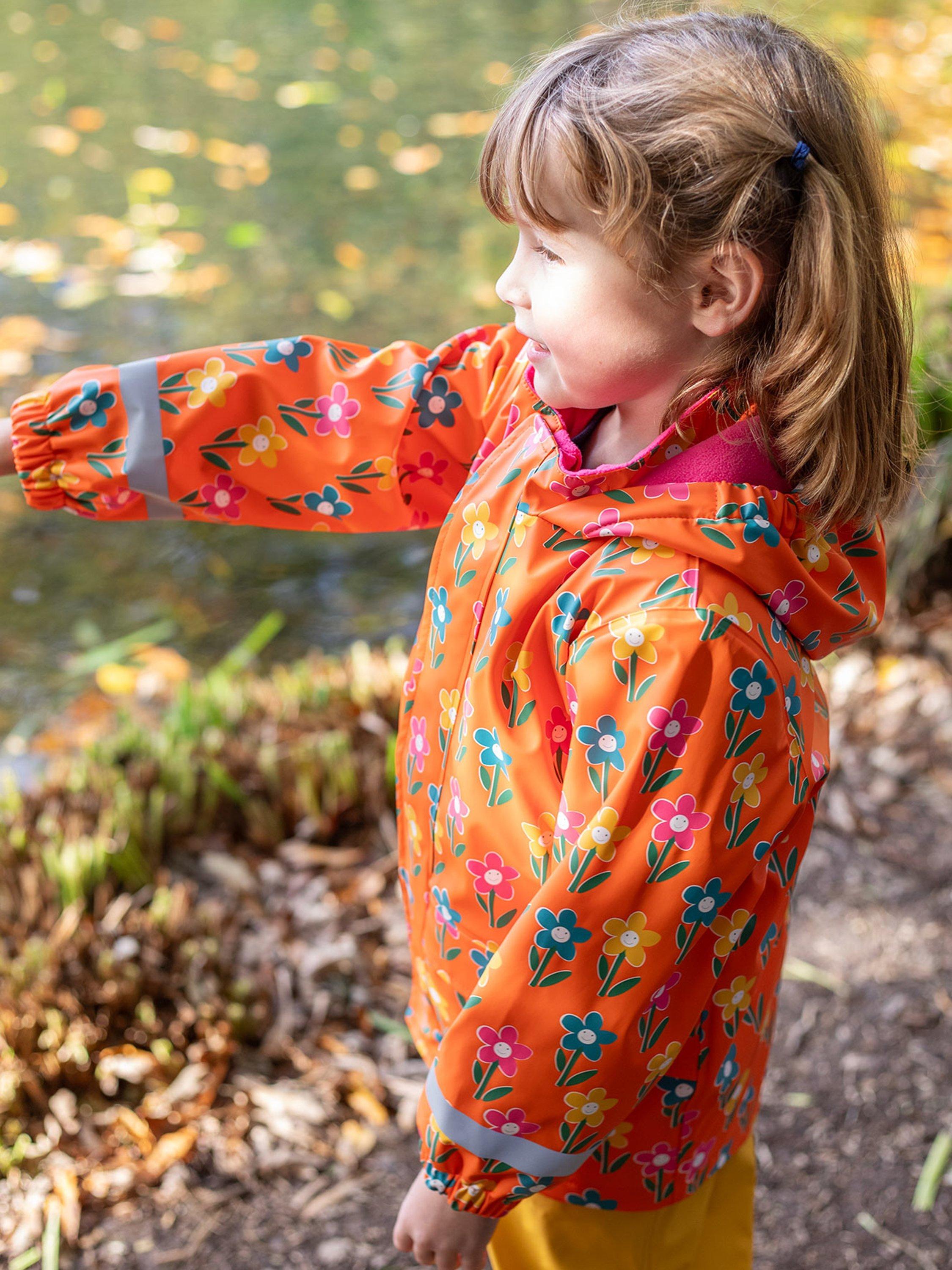 Product image 4 of 7, which shows Frugi Kids' Puddle Buster Floral Print Coat, Orange/Multi, 1-2 years