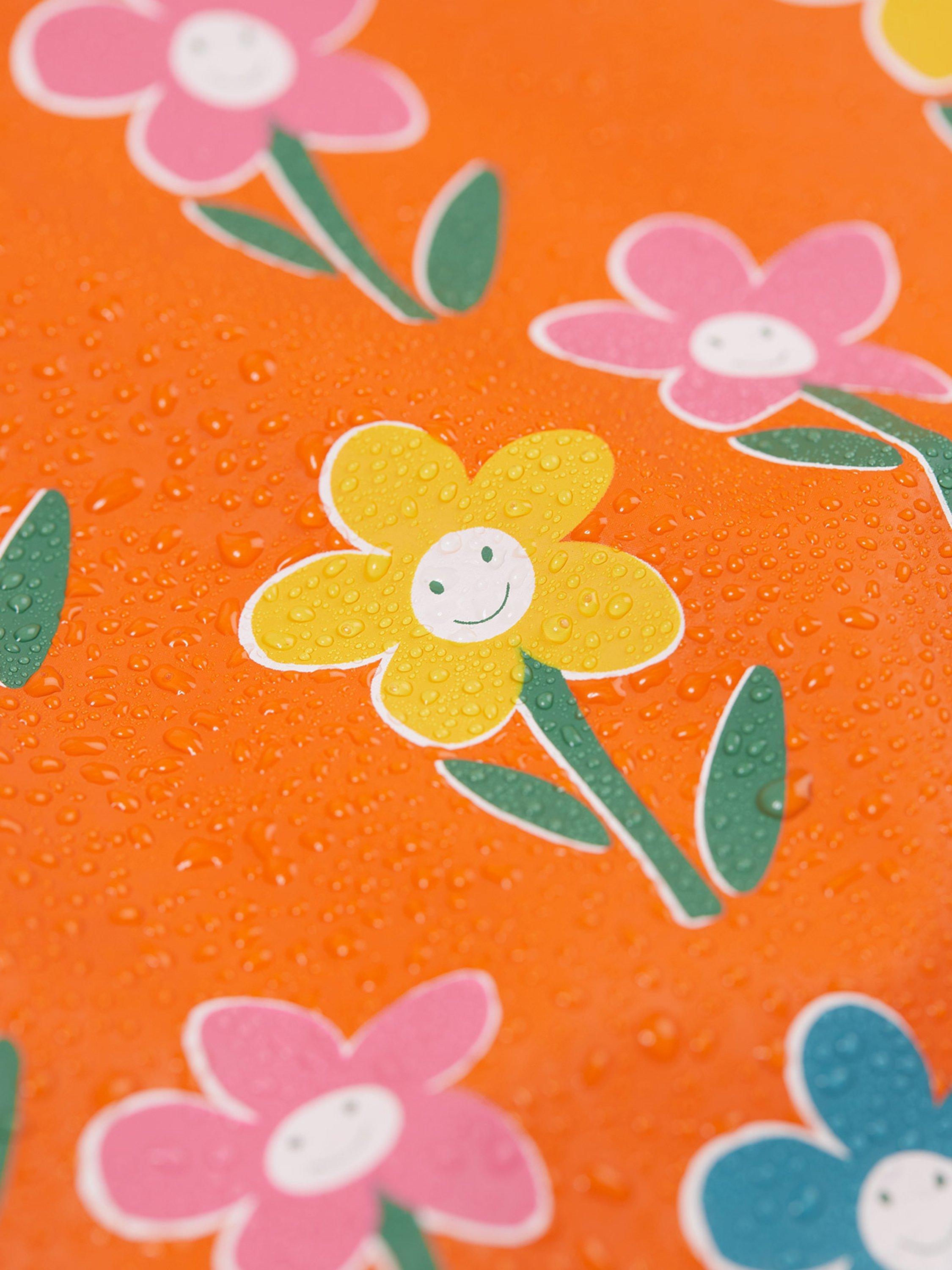 Product image 6 of 7, which shows Frugi Kids' Puddle Buster Floral Print Coat, Orange/Multi, 1-2 years