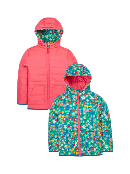Frugi Kids' Reversible Toasty Trail Hooded Jacket, Wild Woods/Tulip, Wild Woods/Tulip