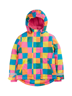 Frugi Kids' Waterproof Hooded Snow and Ski Coat, Rainbow Check, Rainbow Check