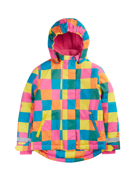 Frugi Kids' Waterproof Hooded Snow and Ski Coat, Rainbow Check, Rainbow Check