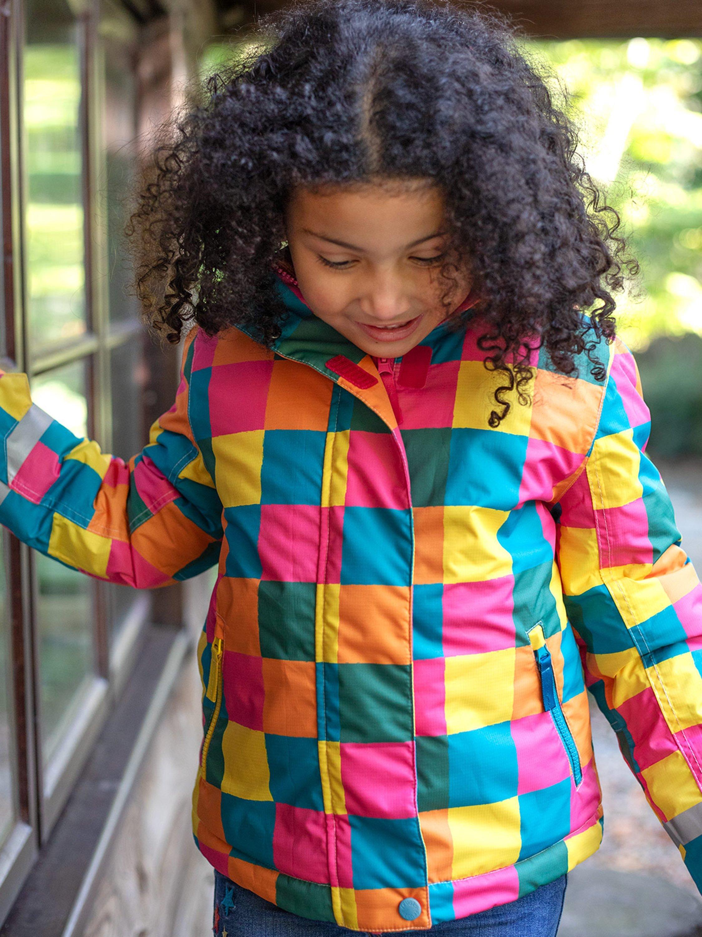 Product image 2 of 9, which shows Frugi Kids' Waterproof Hooded Snow and Ski Coat, Rainbow Check, 10-11 years