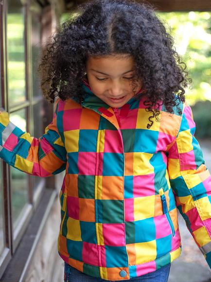 Frugi Kids' Waterproof Hooded Snow and Ski Coat, Rainbow Check - view 2, Rainbow Check