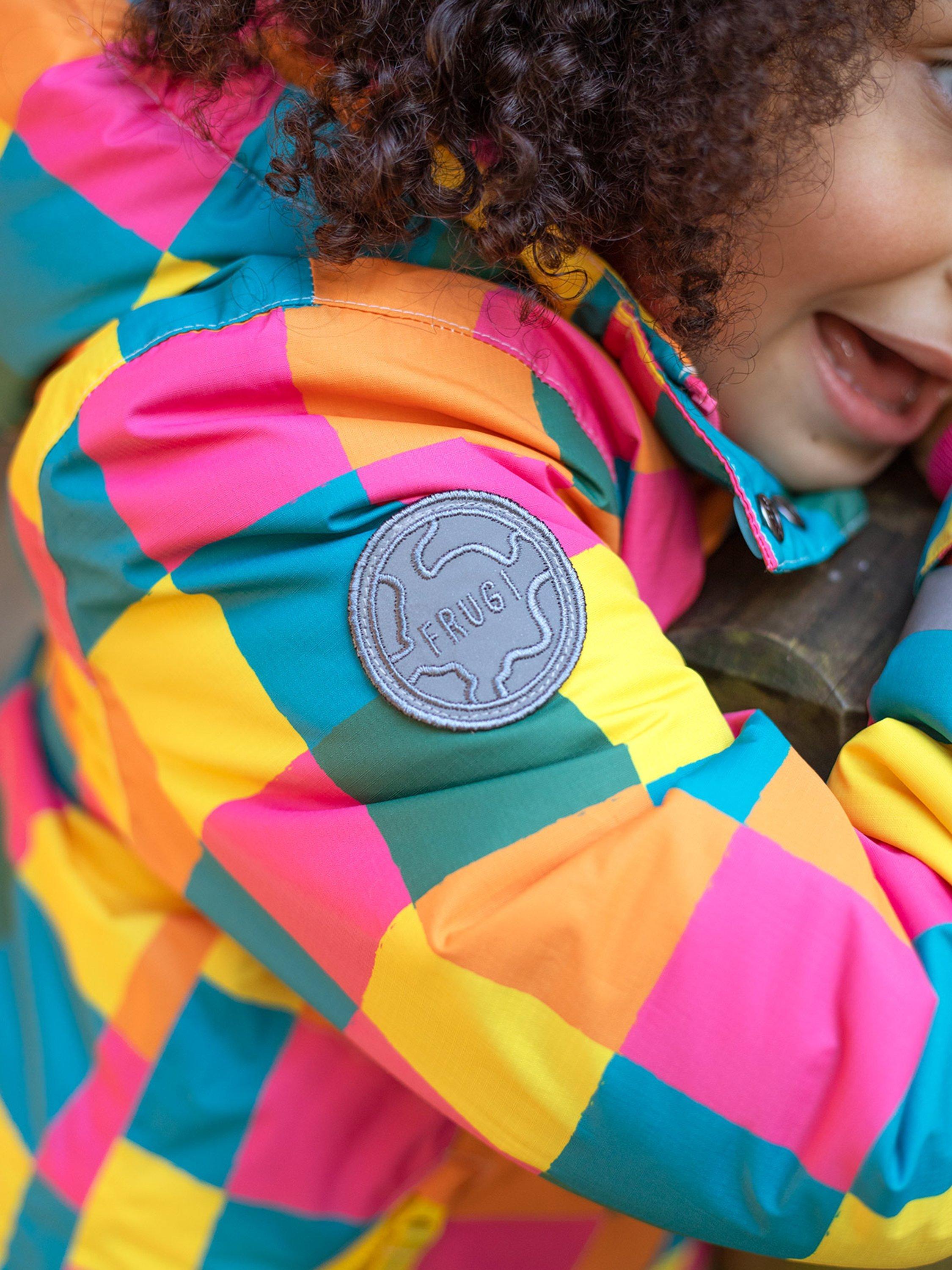 Product image 4 of 9, which shows Frugi Kids' Waterproof Hooded Snow and Ski Coat, Rainbow Check, 10-11 years