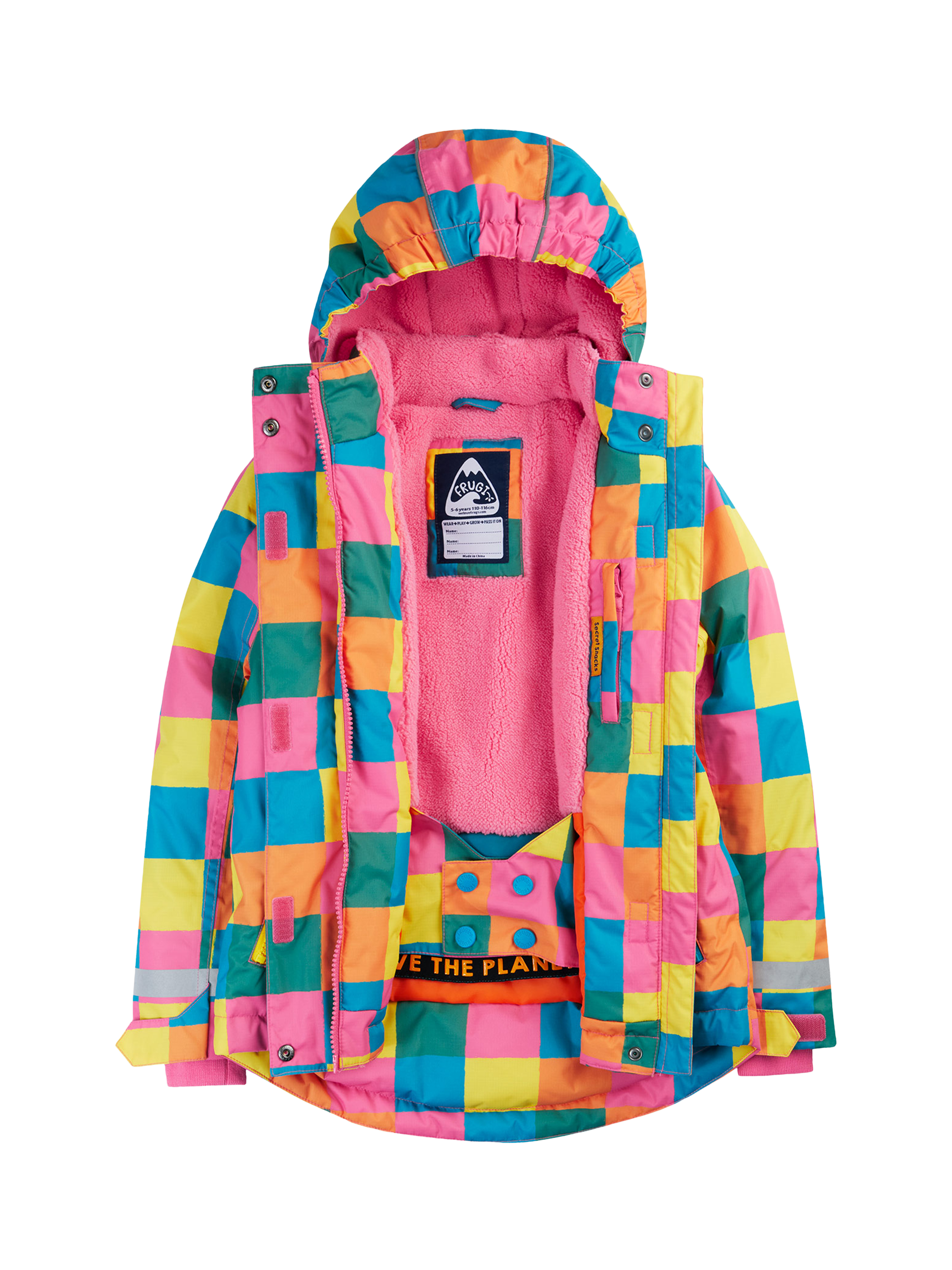 Product image 5 of 9, which shows Frugi Kids' Waterproof Hooded Snow and Ski Coat, Rainbow Check, 10-11 years