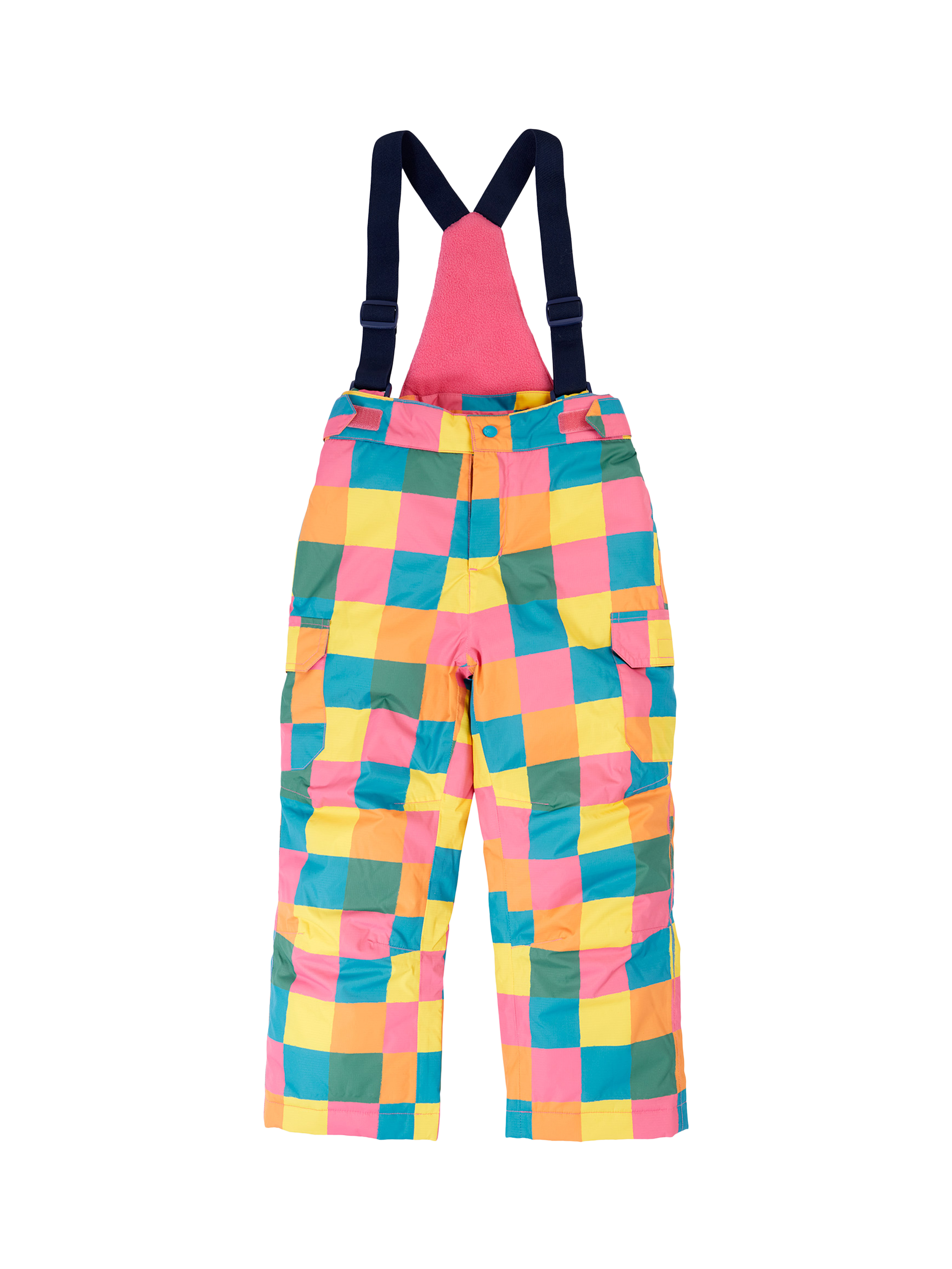 Product image 1 of 7, which shows Frugi Kids' Snow and Ski Salopettes, Rainbow Check, 1-2 years