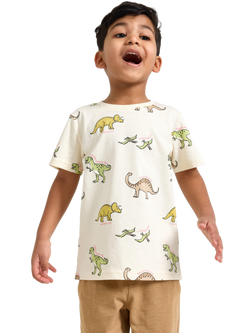 Lindex Kids' Cotton Short Sleeved Dinosaur Print T-Shirt, Pack of 2, White, White