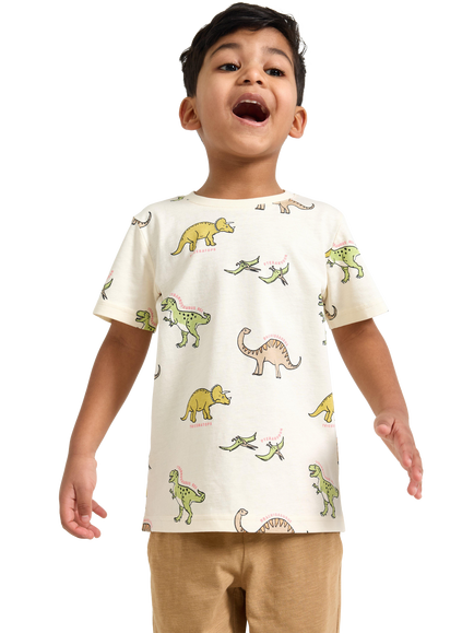 Lindex Kids' Cotton Short Sleeved Dinosaur Print T-Shirt, Pack of 2, White, White