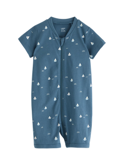Lindex Baby Cotton Boat Print Zipped Pyjama Romper, Dusty Blue, Dusty Blue