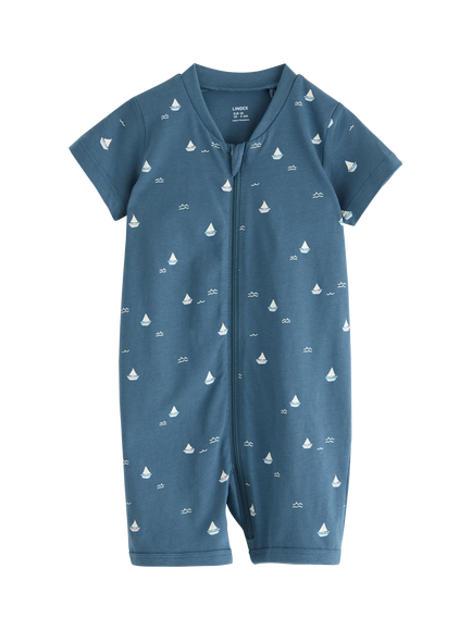 Lindex Baby Cotton Boat Print Zipped Pyjama Romper, Dusty Blue, Dusty Blue
