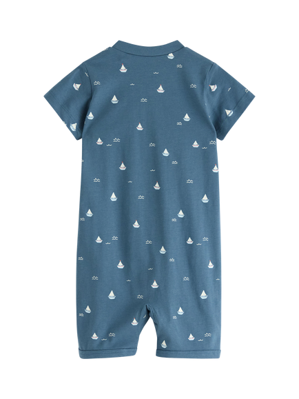 Lindex Baby Cotton Boat Print Zipped Pyjama Romper, Dusty Blue - view 2, Dusty Blue