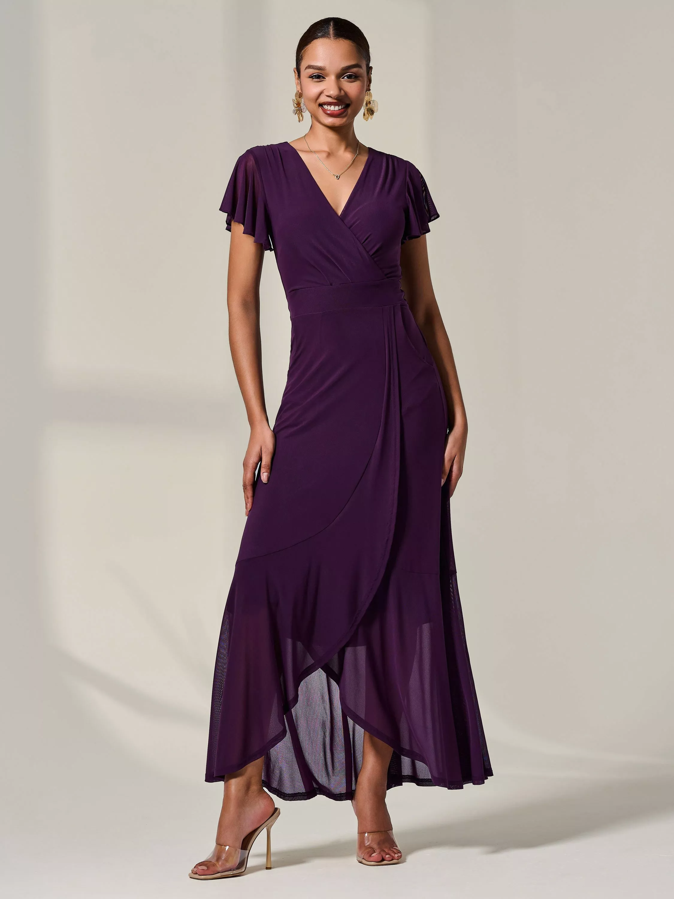 Jolie Moi Mesh Wrap Midi Dress, Dark Purple