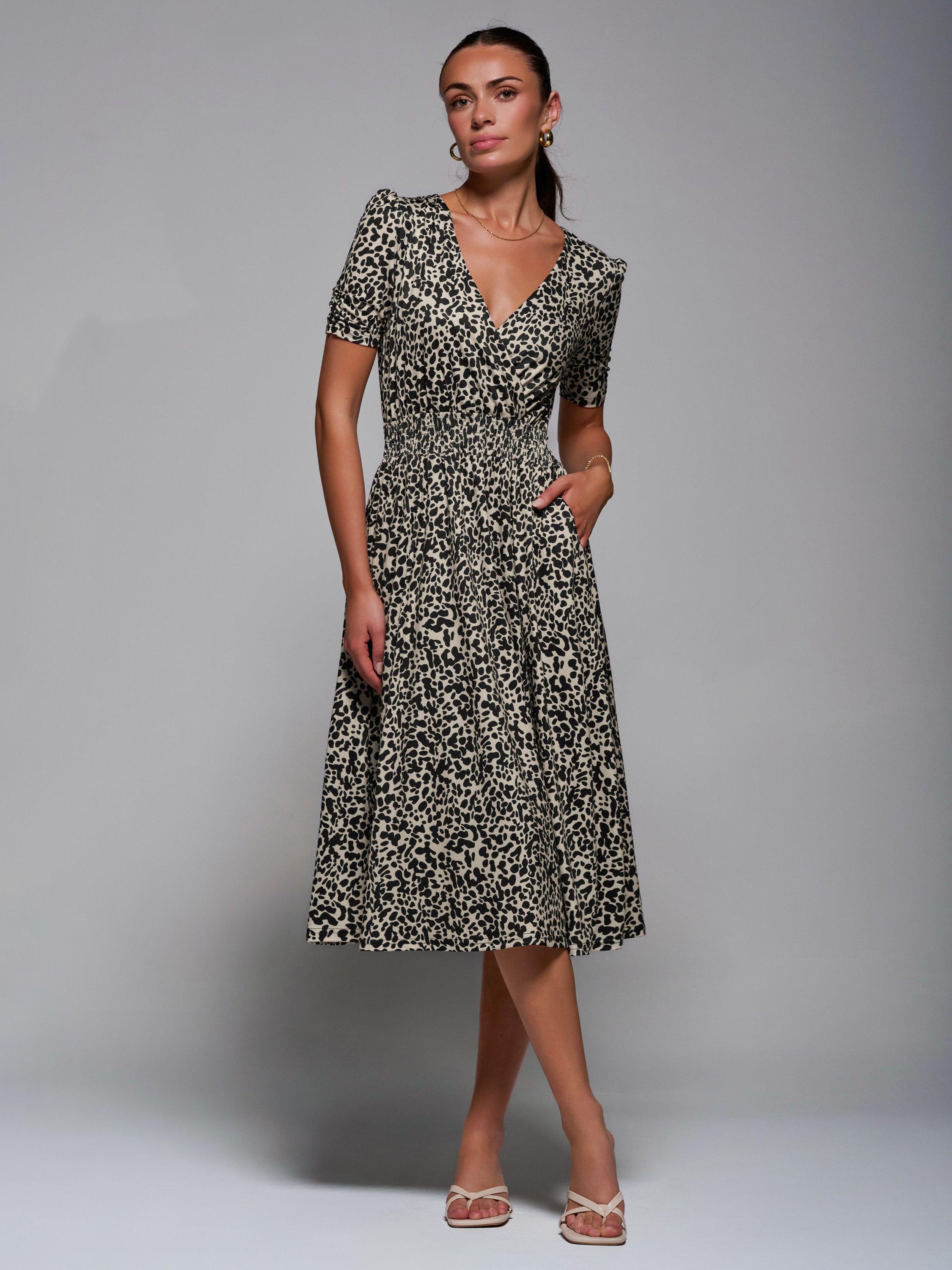 Jolie Moi Leopard Print Ruched Waist Midi Dress, Brown Leopard