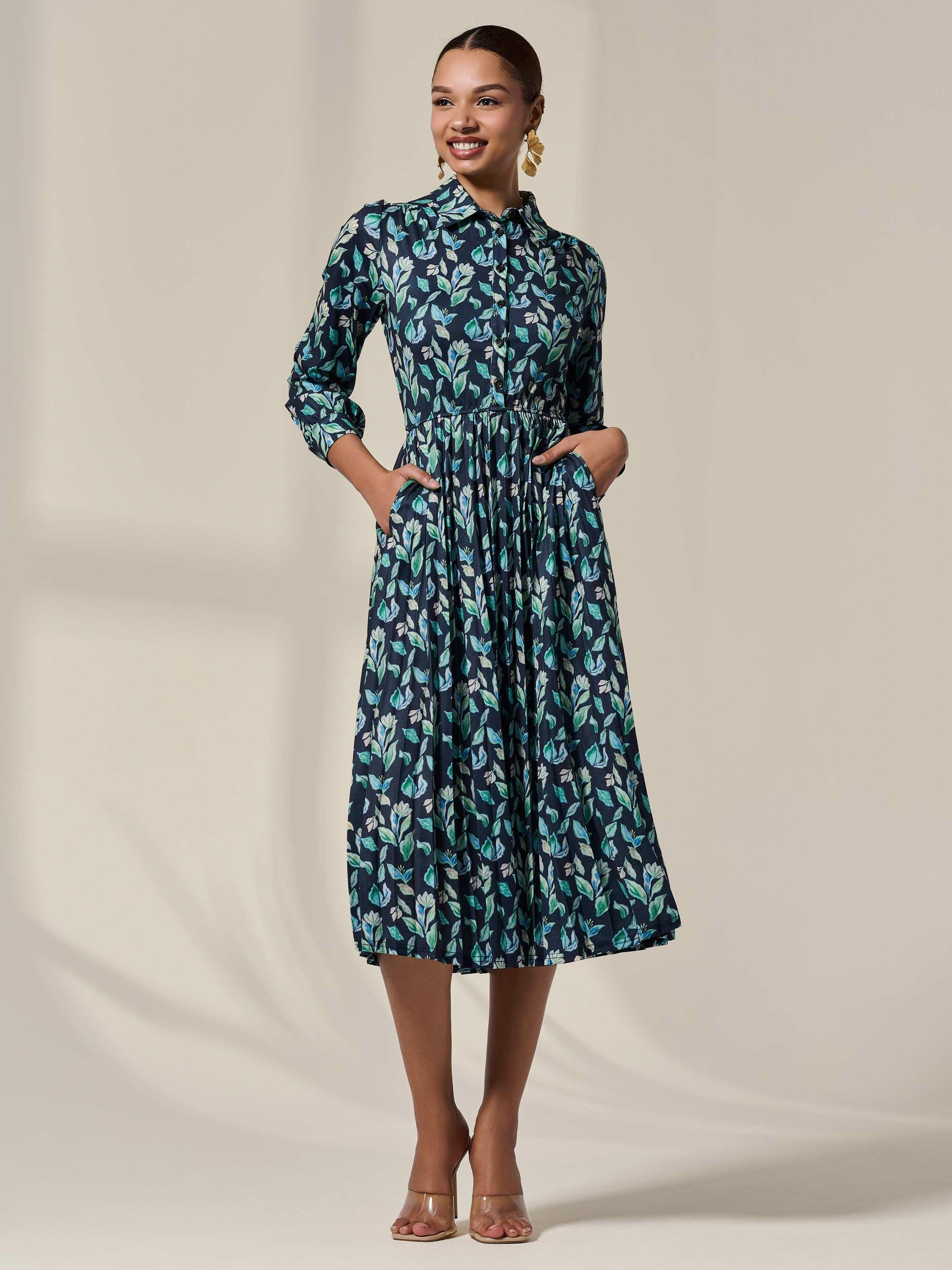 Product image 3 of 6, which shows Jolie Moi Floral Shirt Midi Dress, Navy, 8