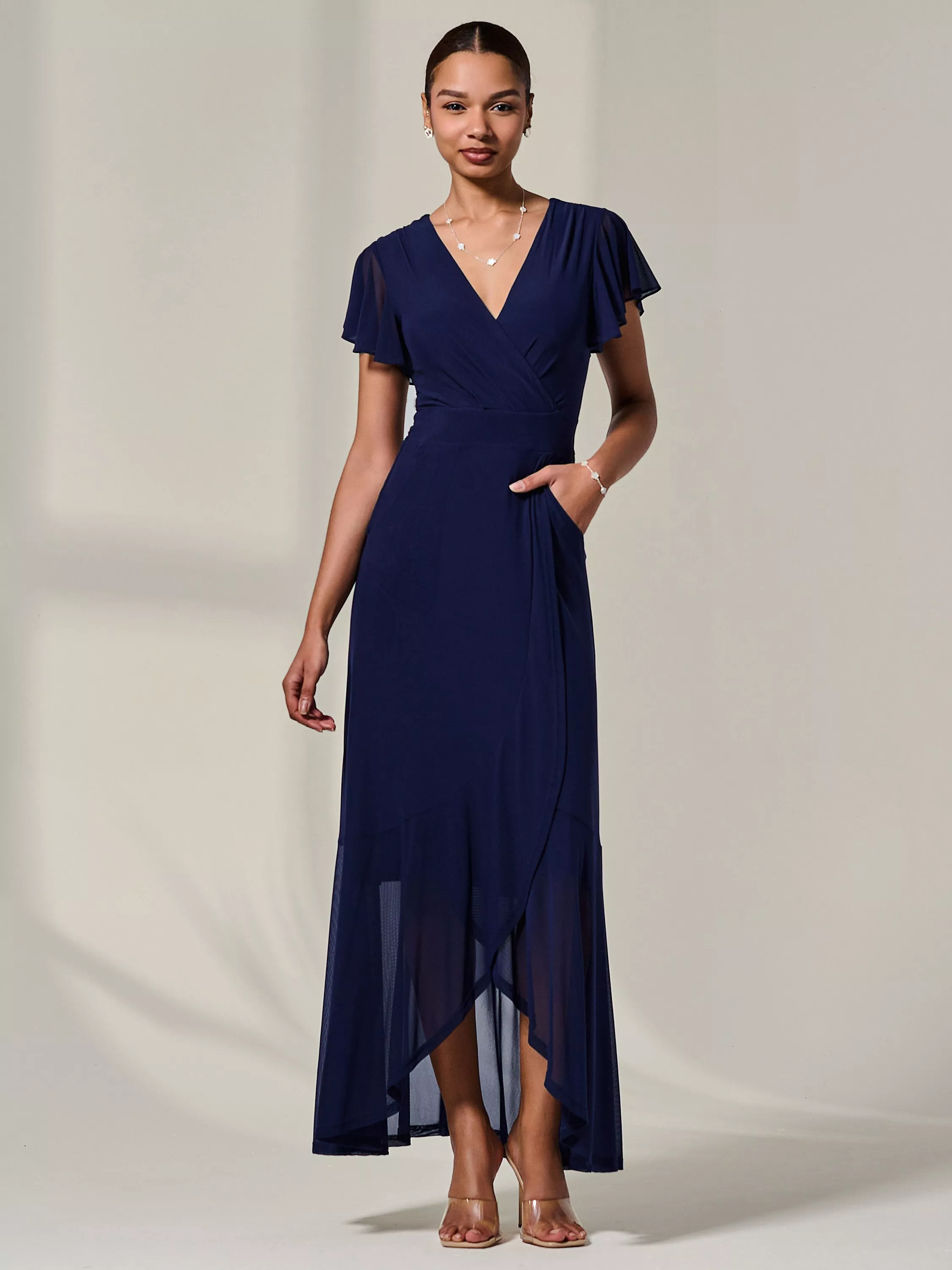 Jolie Moi Wrap Mesh Midi Dress, Navy