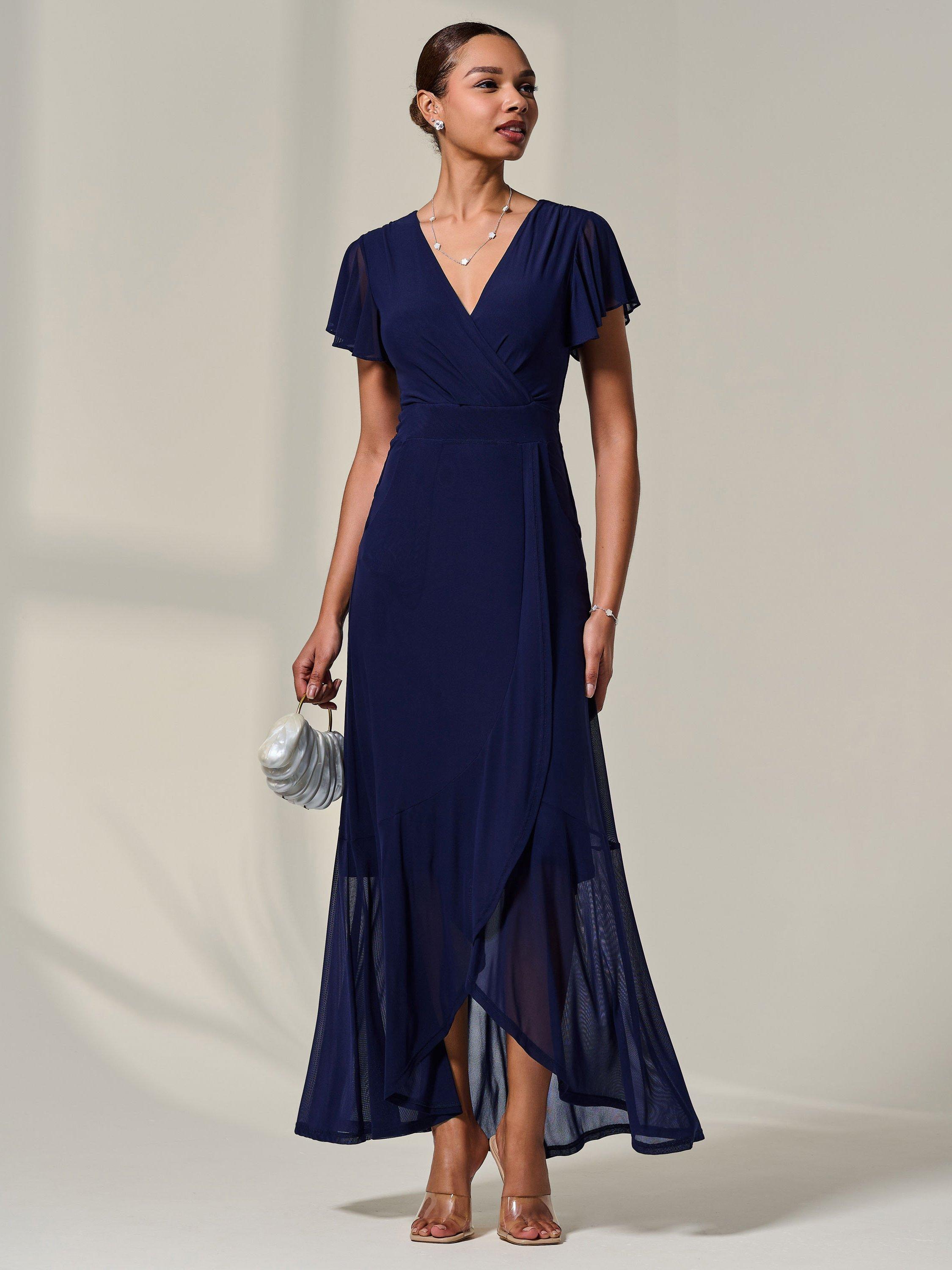 Jolie Moi Wrap Mesh Midi Dress, Navy - Main Image