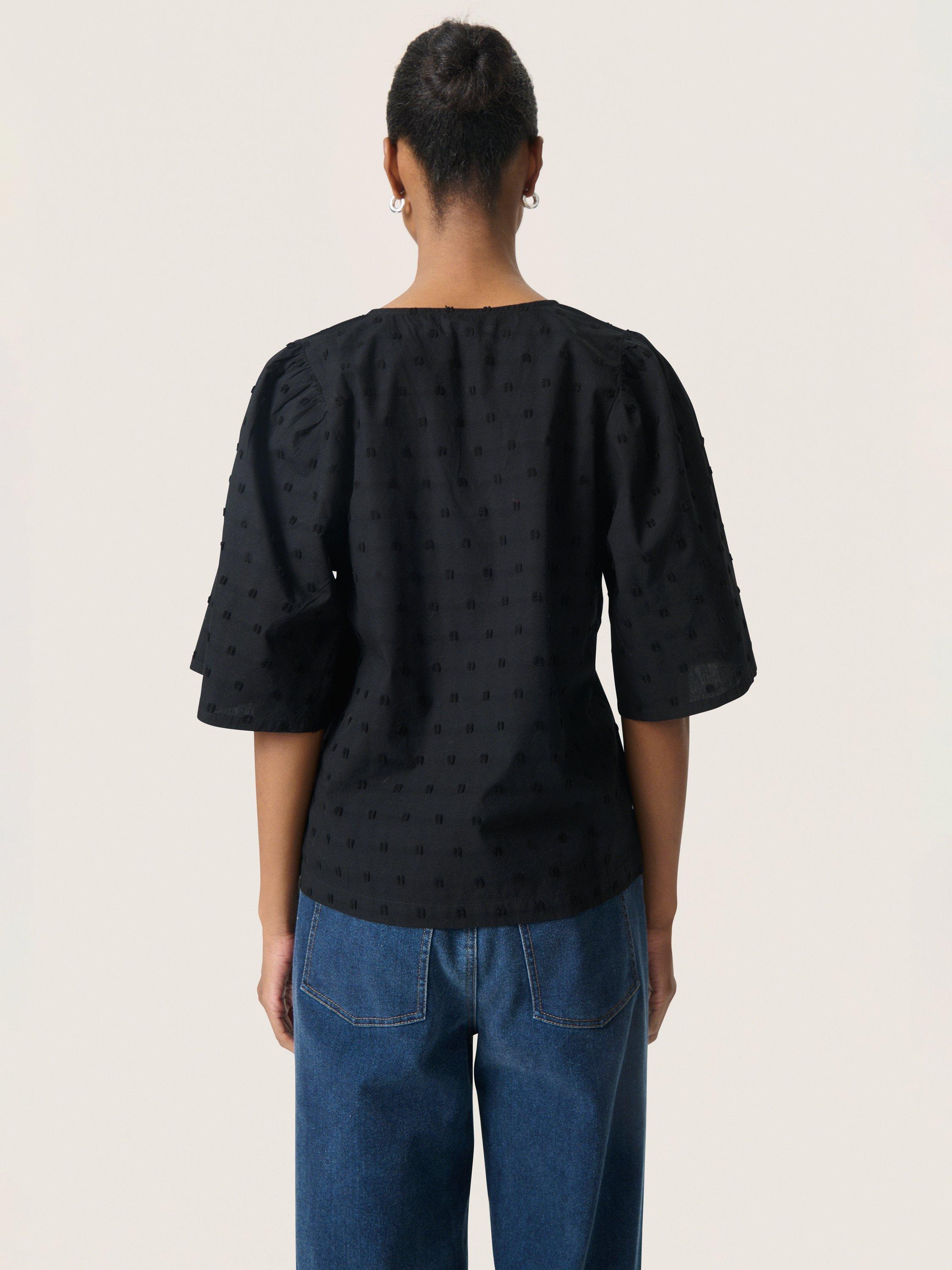 Product image 2 of 6, which shows Soaked In Luxury Sunela Short Sleeve V-Neck Cotton Blouse, Black, XS
