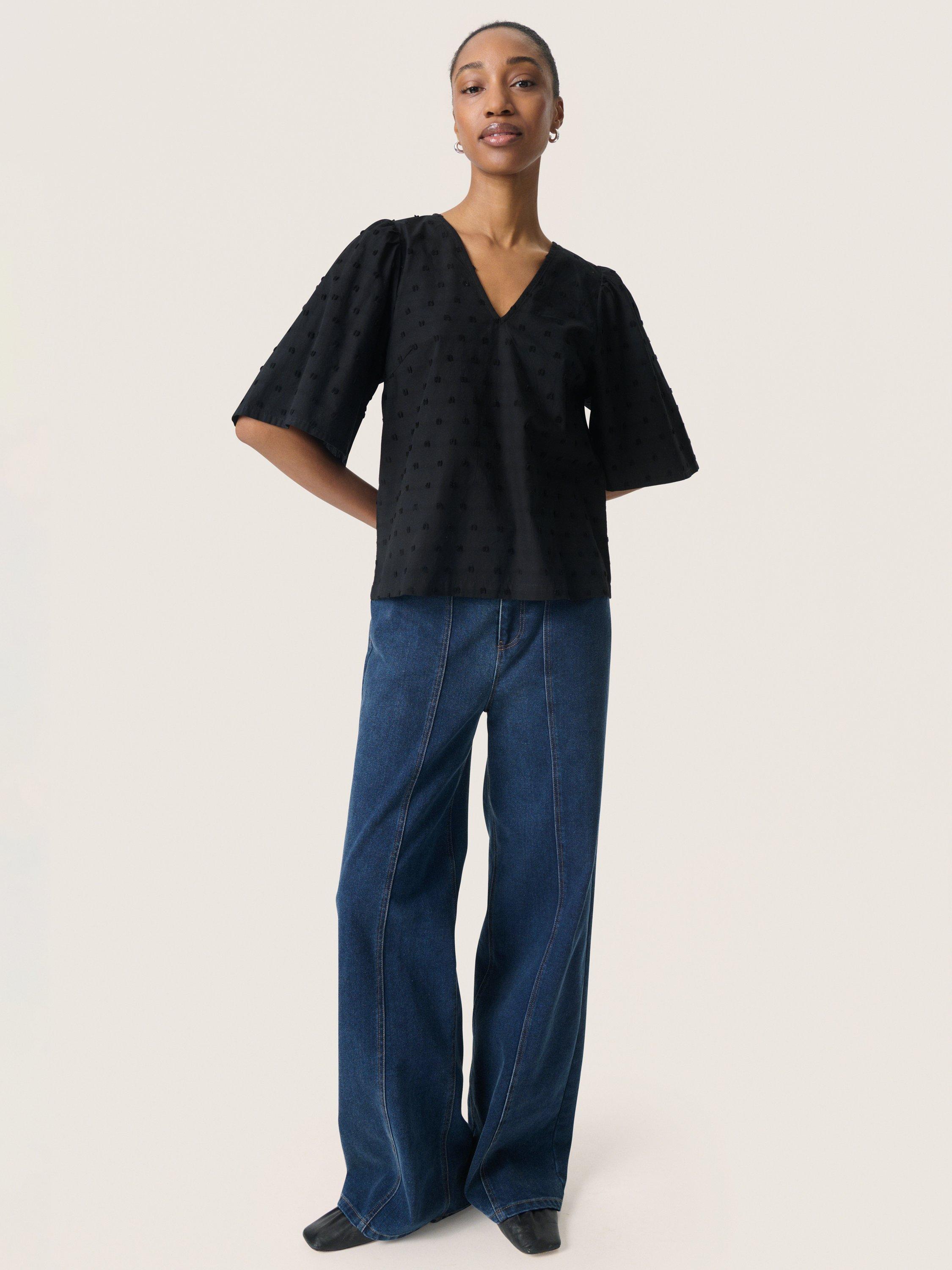 Product image 3 of 6, which shows Soaked In Luxury Sunela Short Sleeve V-Neck Cotton Blouse, Black, XS
