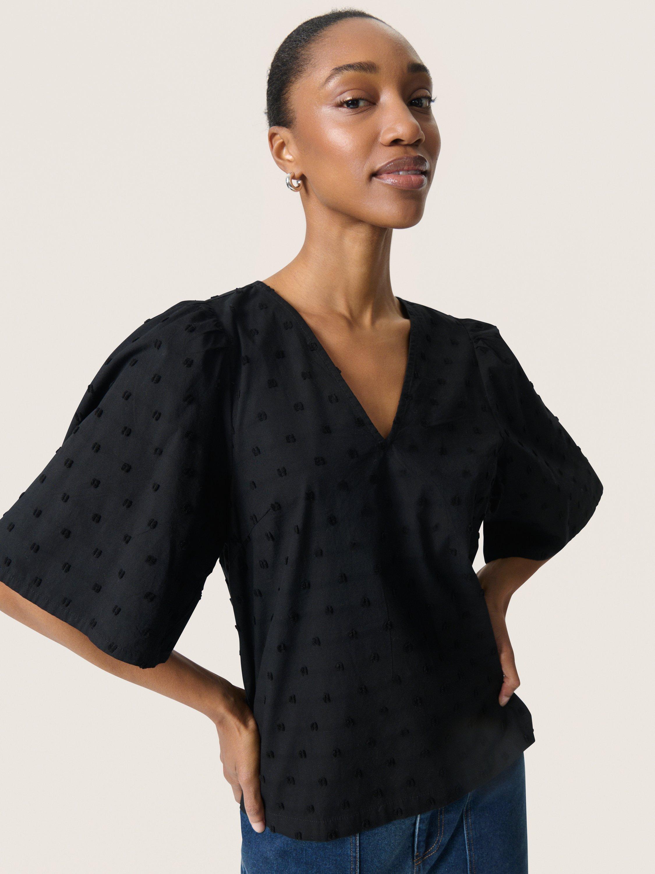 Product image 4 of 6, which shows Soaked In Luxury Sunela Short Sleeve V-Neck Cotton Blouse, Black, XS