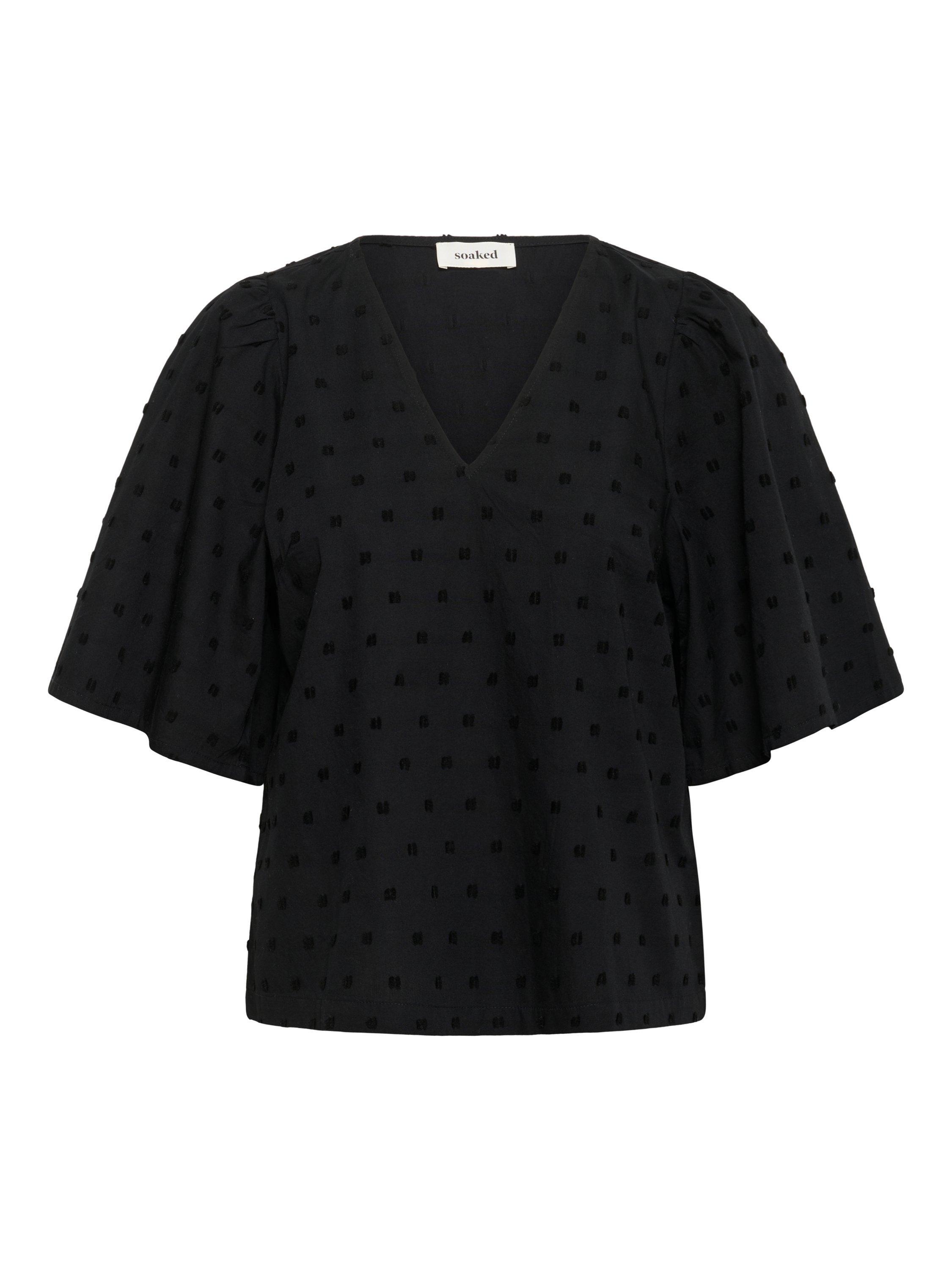 Product image 5 of 6, which shows Soaked In Luxury Sunela Short Sleeve V-Neck Cotton Blouse, Black, XS