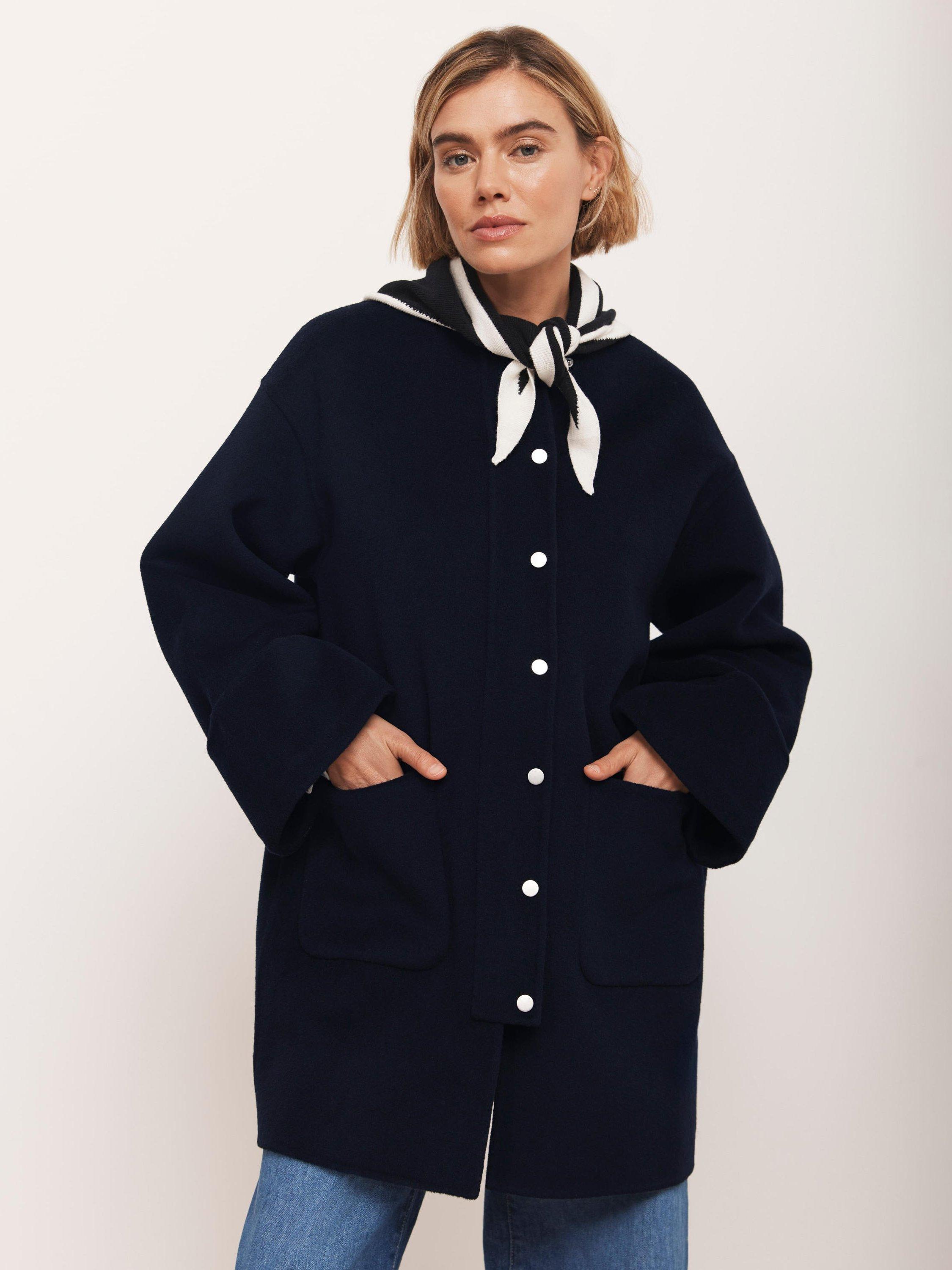 Product image 2 of 8, which shows Mint Velvet Round Neck Hand Finished Wool Blend Coat, Navy, XS