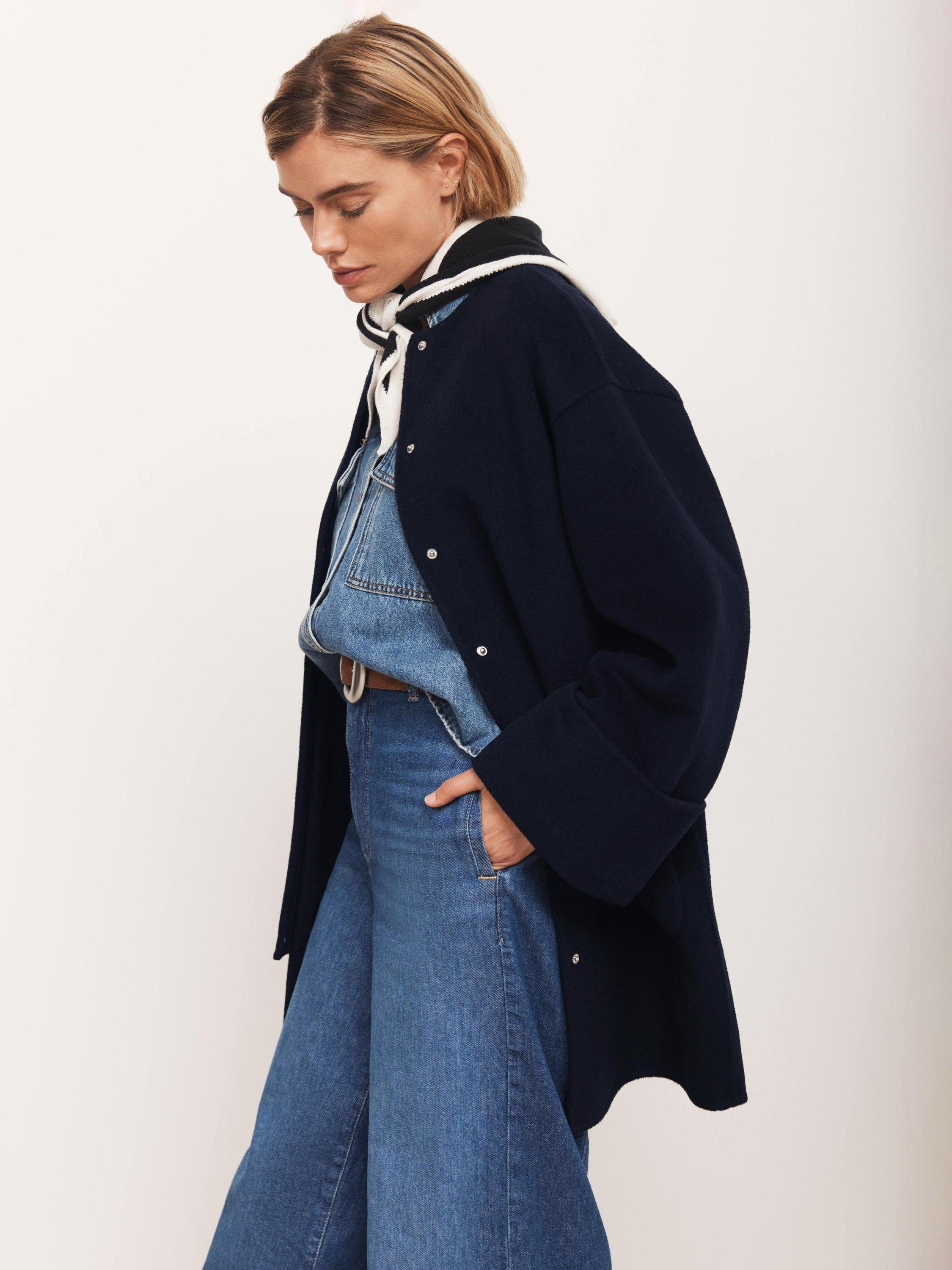 Product image 3 of 8, which shows Mint Velvet Round Neck Hand Finished Wool Blend Coat, Navy, XS