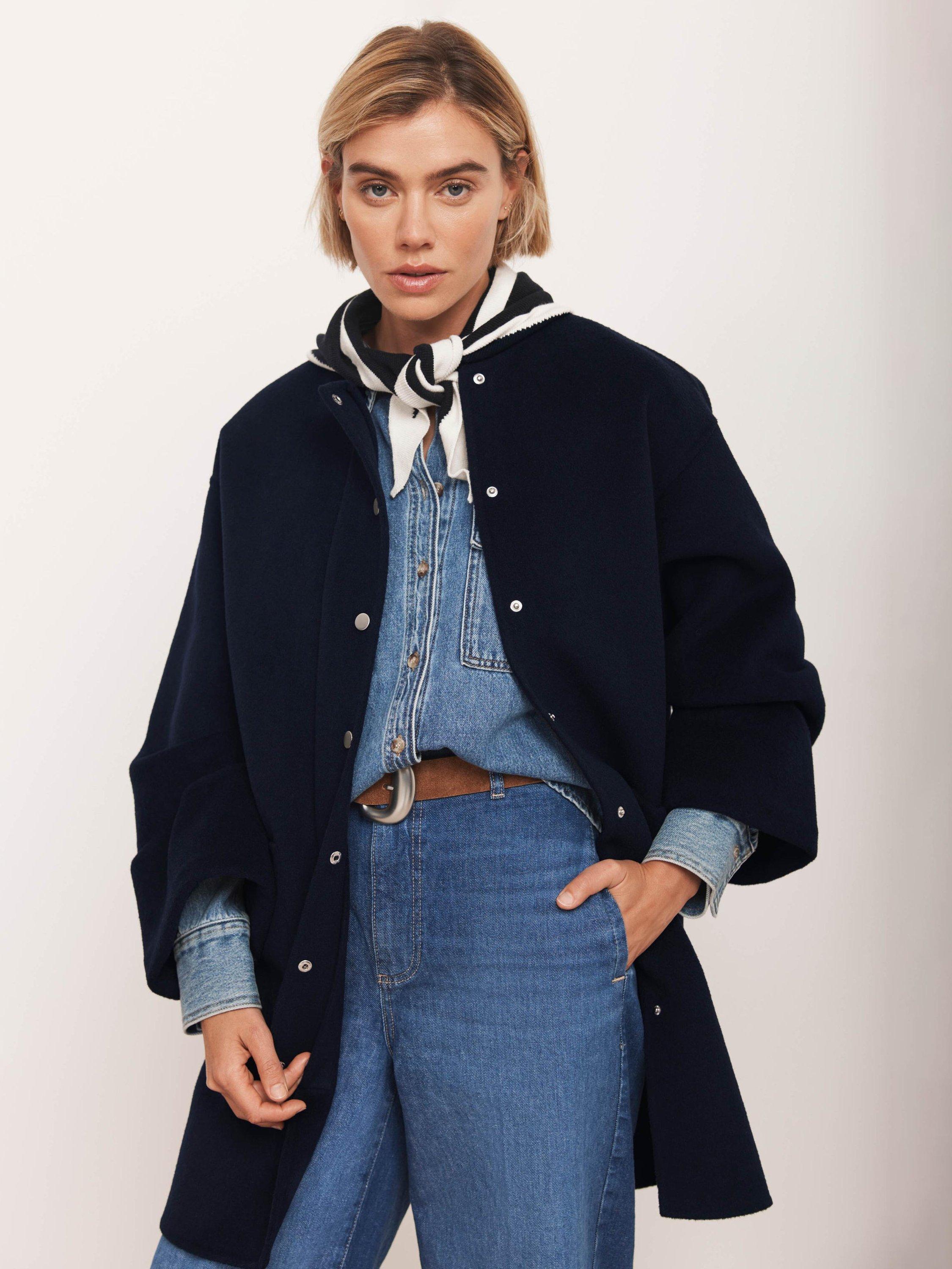 Product image 4 of 8, which shows Mint Velvet Round Neck Hand Finished Wool Blend Coat, Navy, XS