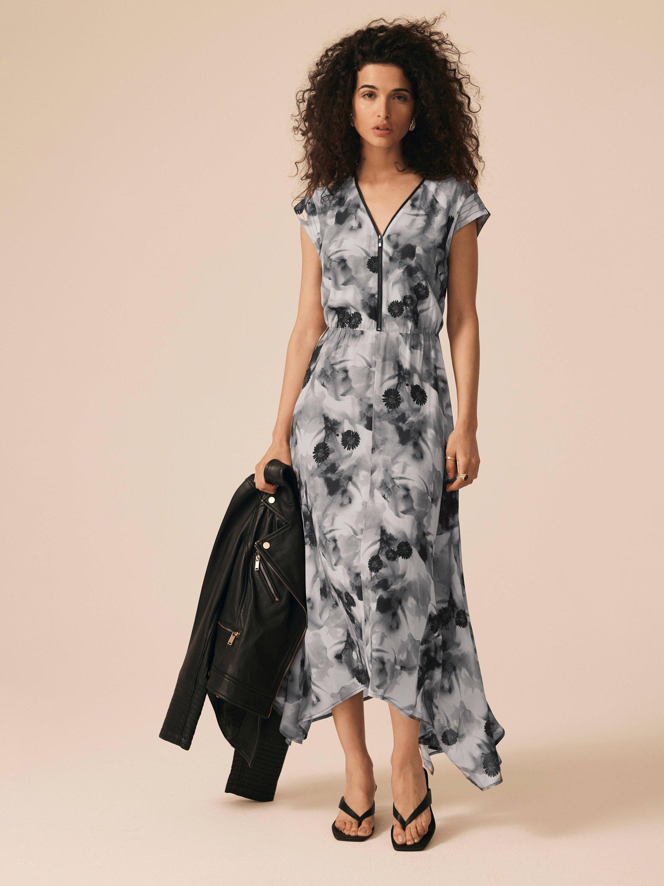 Product image 1 of 8, which shows Mint Velvet Abstract Print V-Neck Midi Dress, Grey/Multi, 10