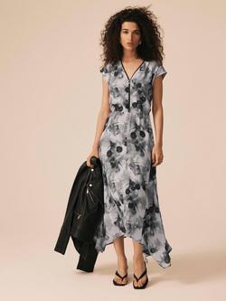 Mint Velvet Abstract Print V-Neck Midi Dress, Grey/Multi