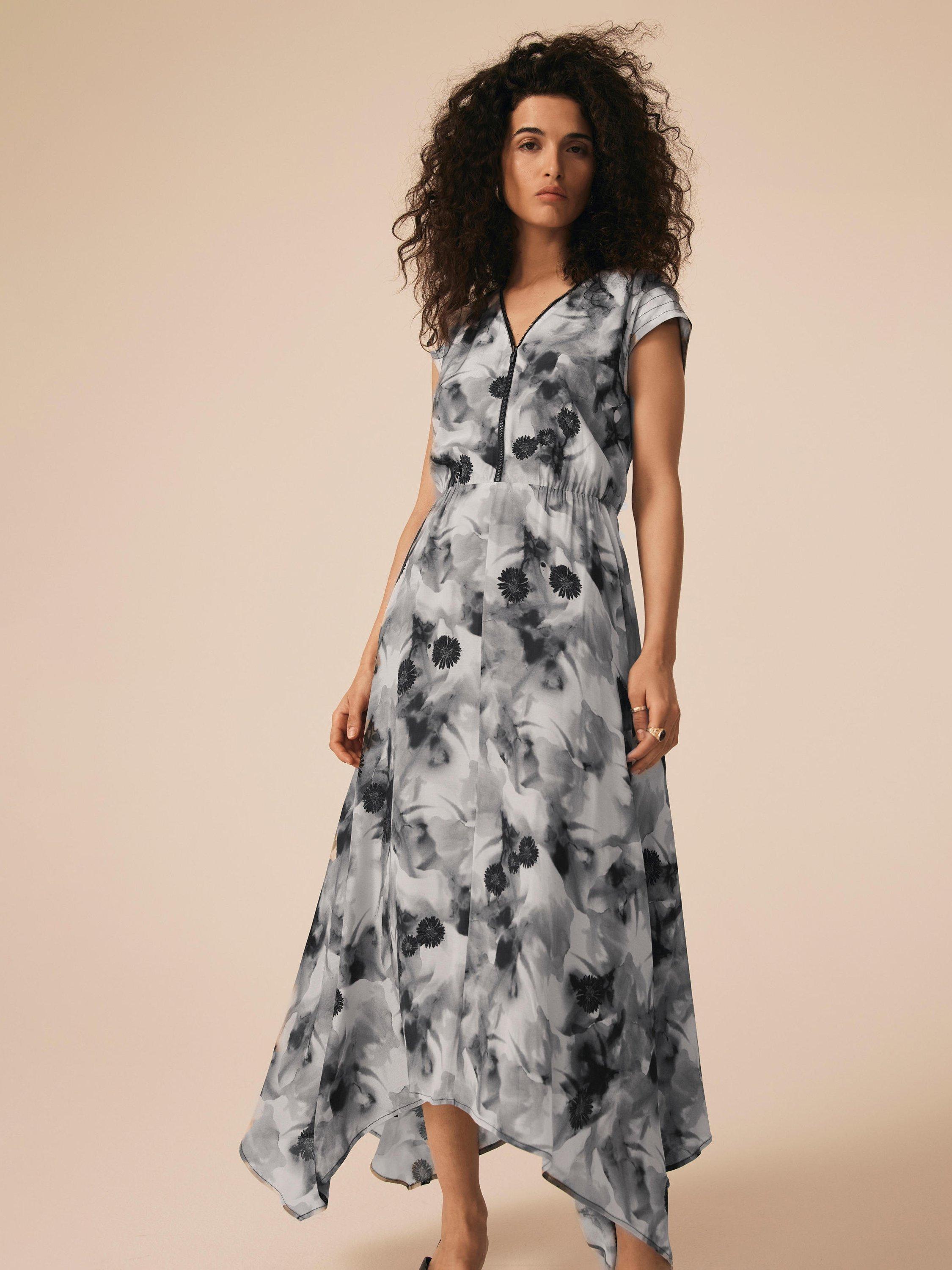 Product image 3 of 8, which shows Mint Velvet Abstract Print V-Neck Midi Dress, Grey/Multi, 10