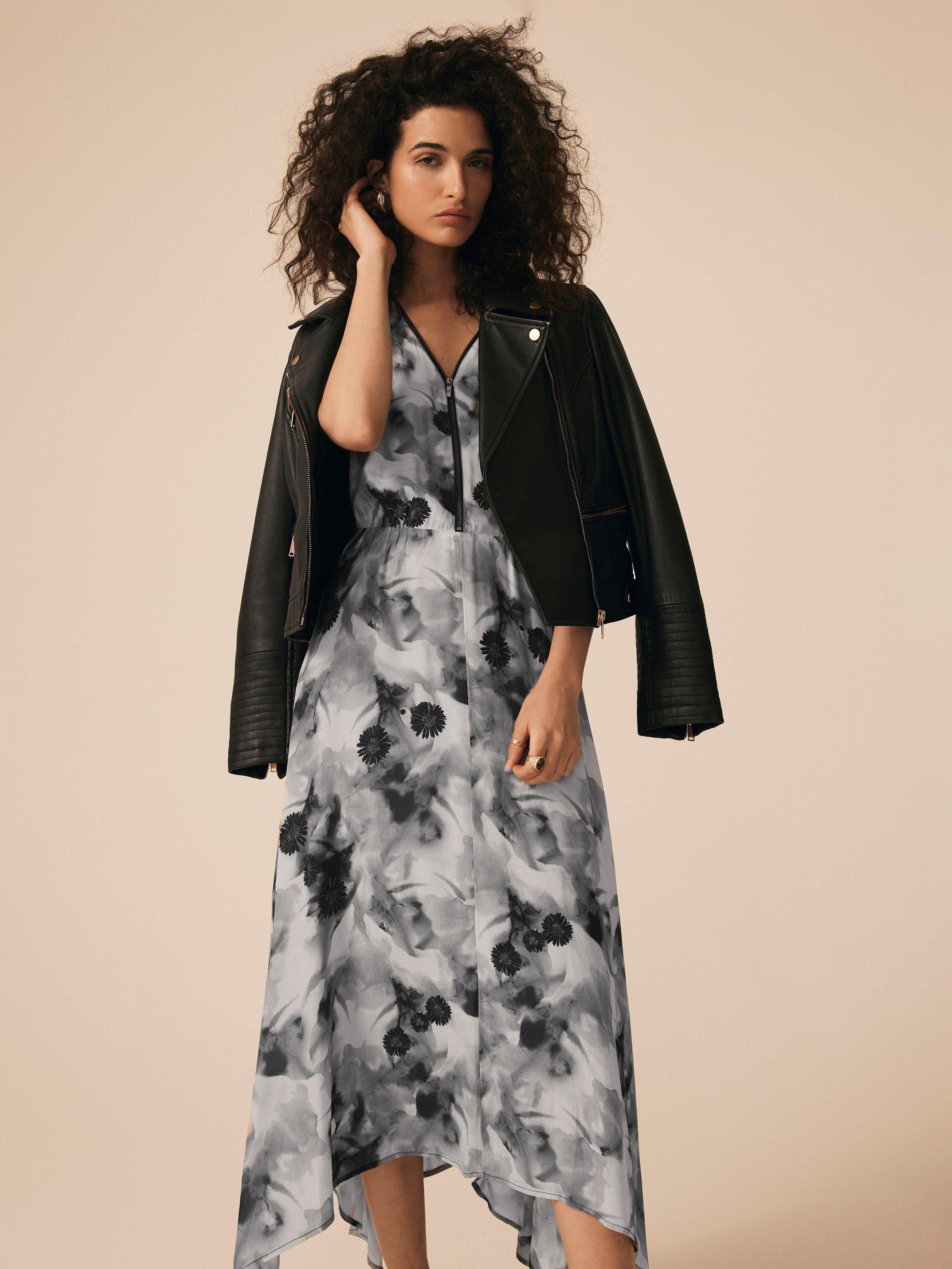 Product image 5 of 8, which shows Mint Velvet Abstract Print V-Neck Midi Dress, Grey/Multi, 10